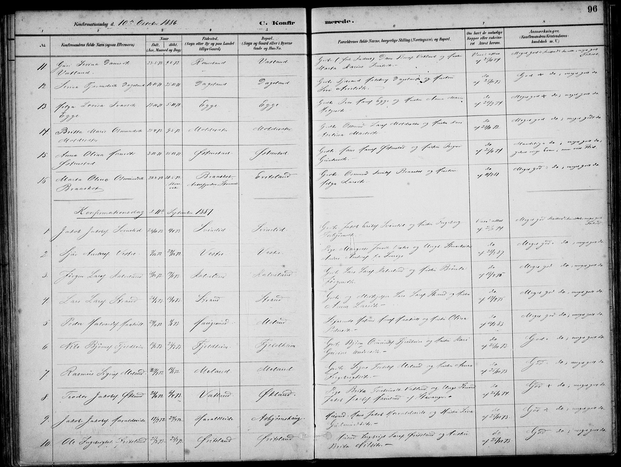 Skjold sokneprestkontor, SAST/A-101847/H/Ha/Haa/L0010: Parish register (official) no. A 10, 1882-1897, p. 96