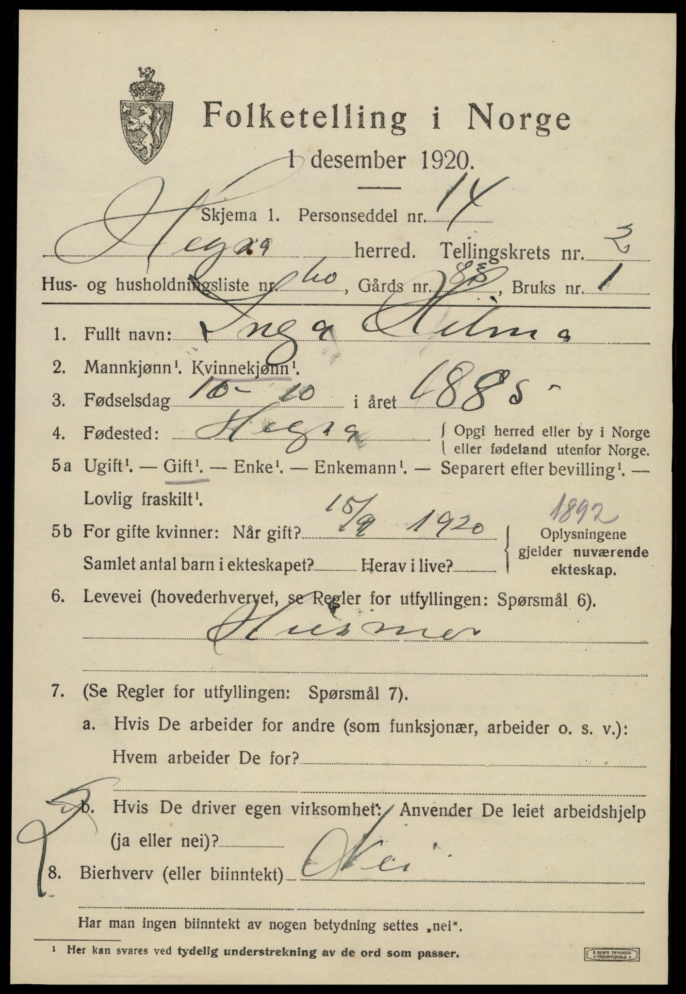 SAT, 1920 census for Hegra, 1920, p. 2358