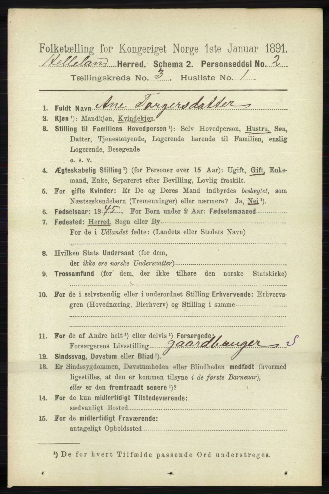 RA, 1891 census for 1115 Helleland, 1891, p. 840