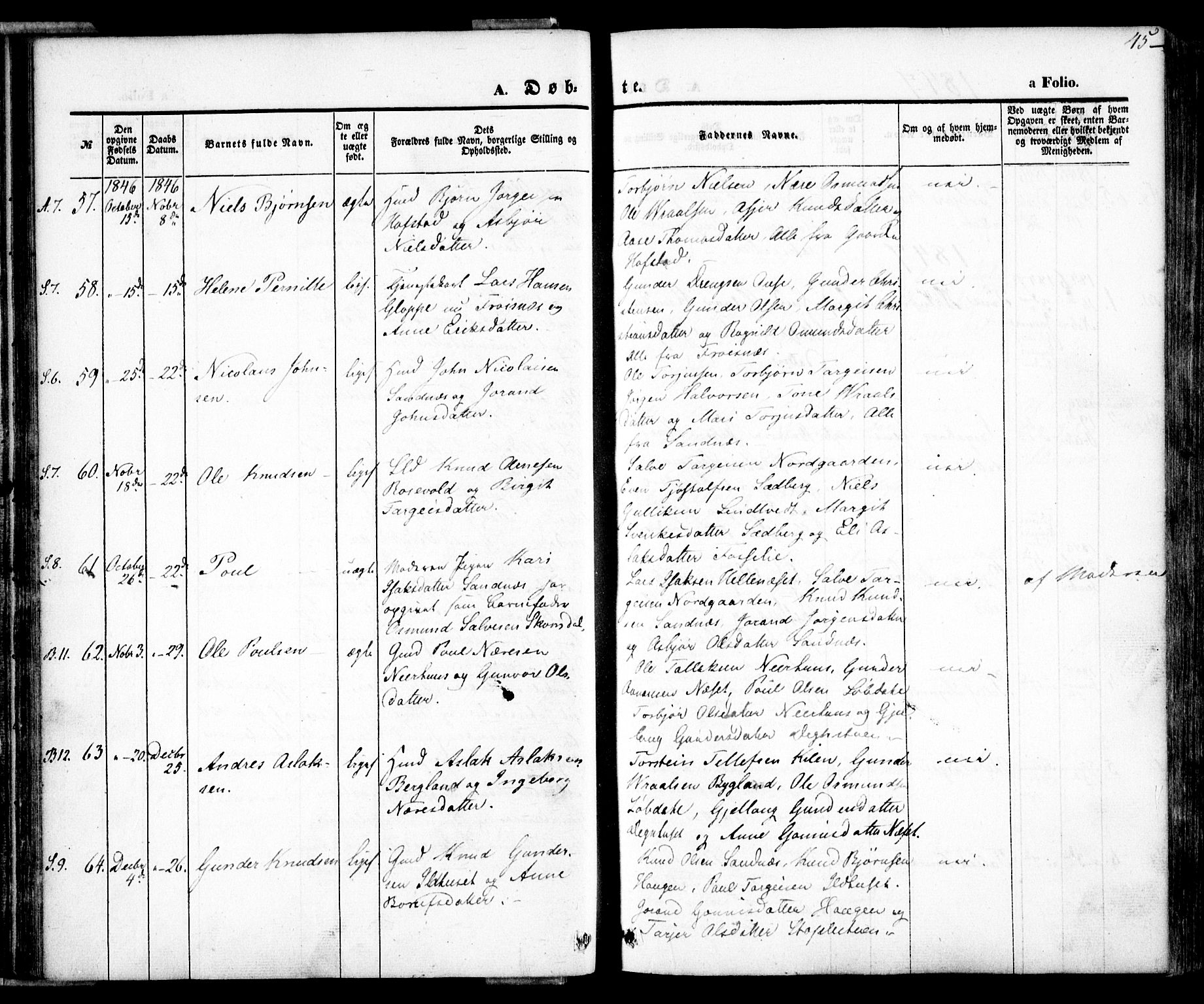 Bygland sokneprestkontor, AV/SAK-1111-0006/F/Fa/Fab/L0004: Parish register (official) no. A 4, 1842-1858, p. 45