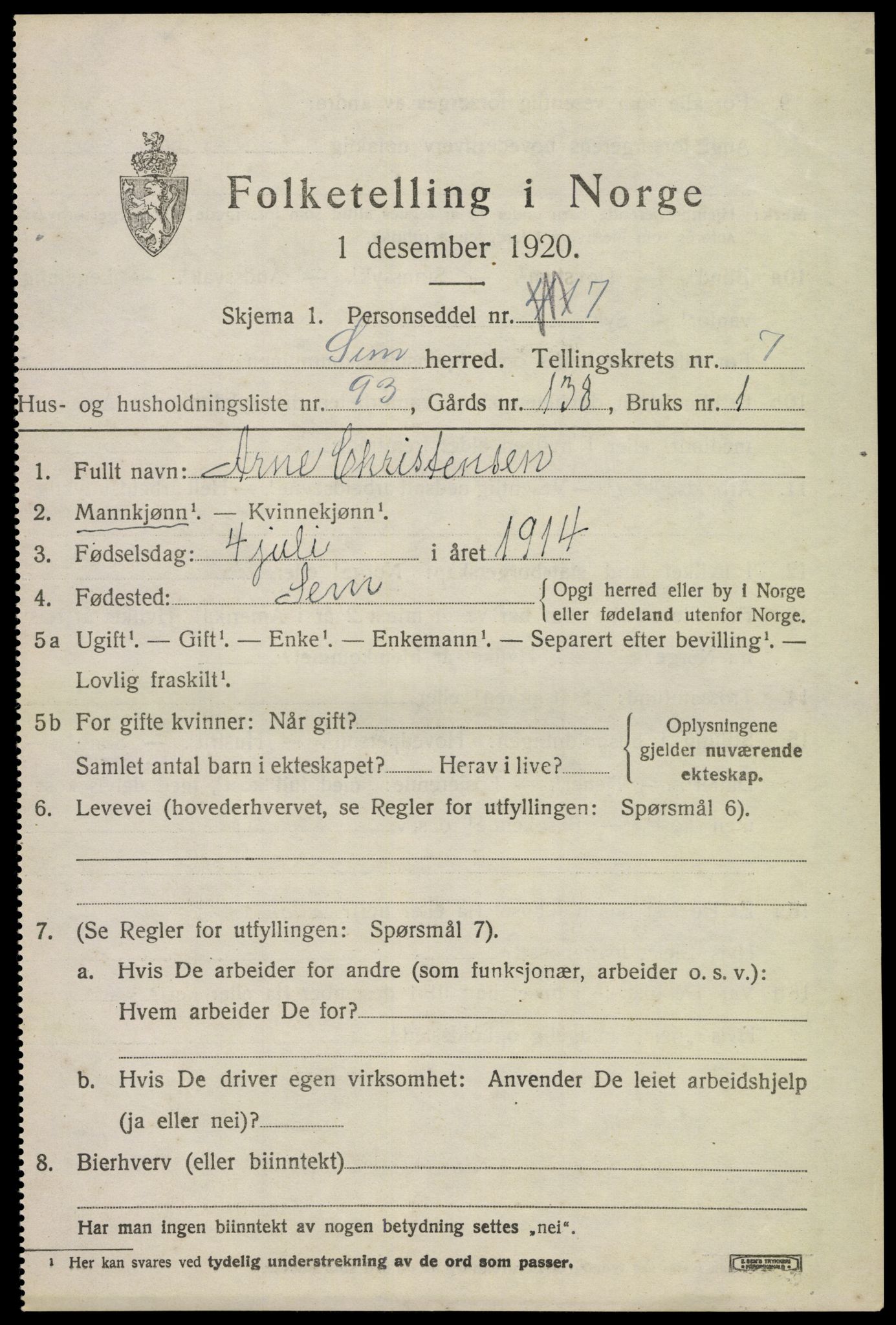 SAKO, 1920 census for Sem, 1920, p. 11177