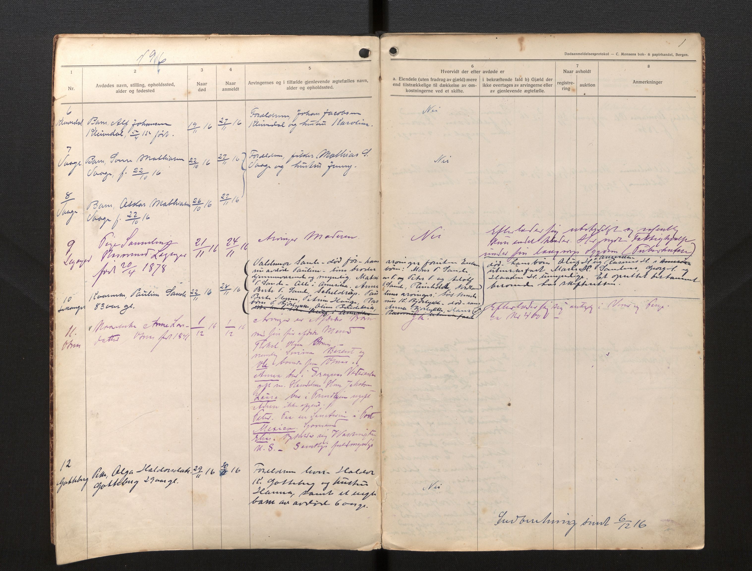 Lensmannen i Selje, AV/SAB-A-29701/0006/L0007: Dødsfallprotokoll, 1916-1920, p. 1