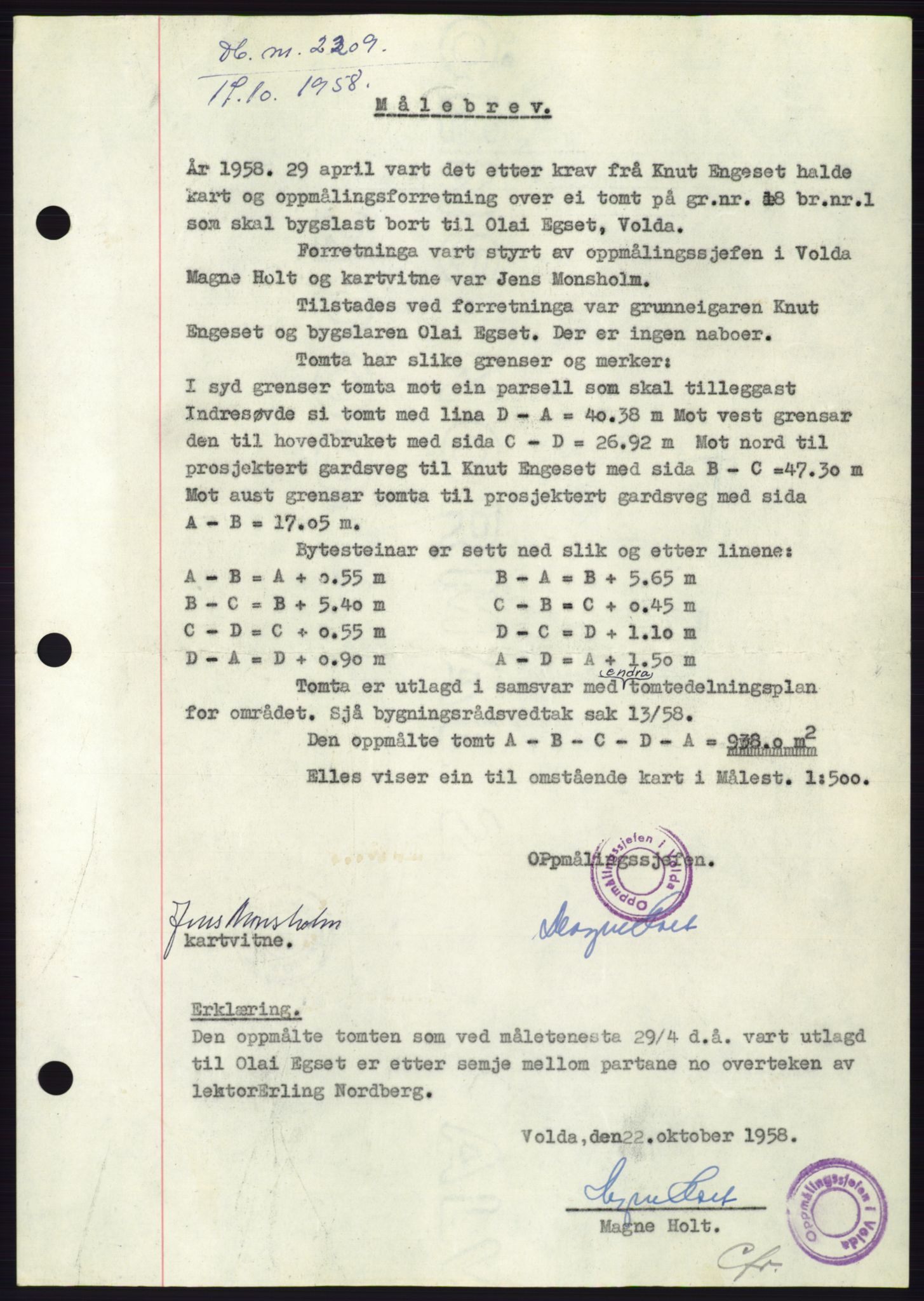 Søre Sunnmøre sorenskriveri, AV/SAT-A-4122/1/2/2C/L0110: Mortgage book no. 36A, 1958-1958, Diary no: : 2209/1958