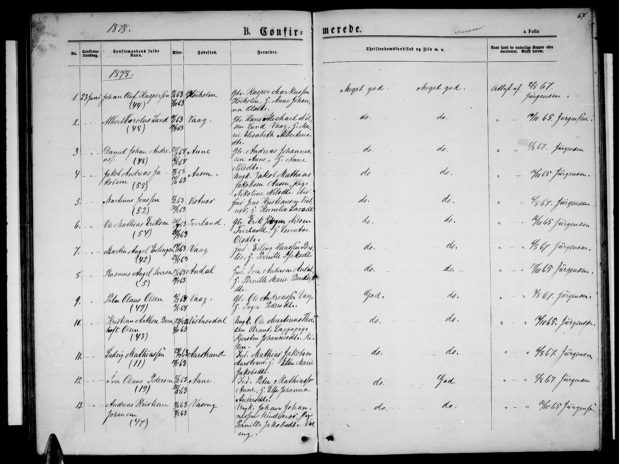 Ministerialprotokoller, klokkerbøker og fødselsregistre - Nordland, SAT/A-1459/819/L0276: Parish register (copy) no. 819C02, 1869-1887, p. 67