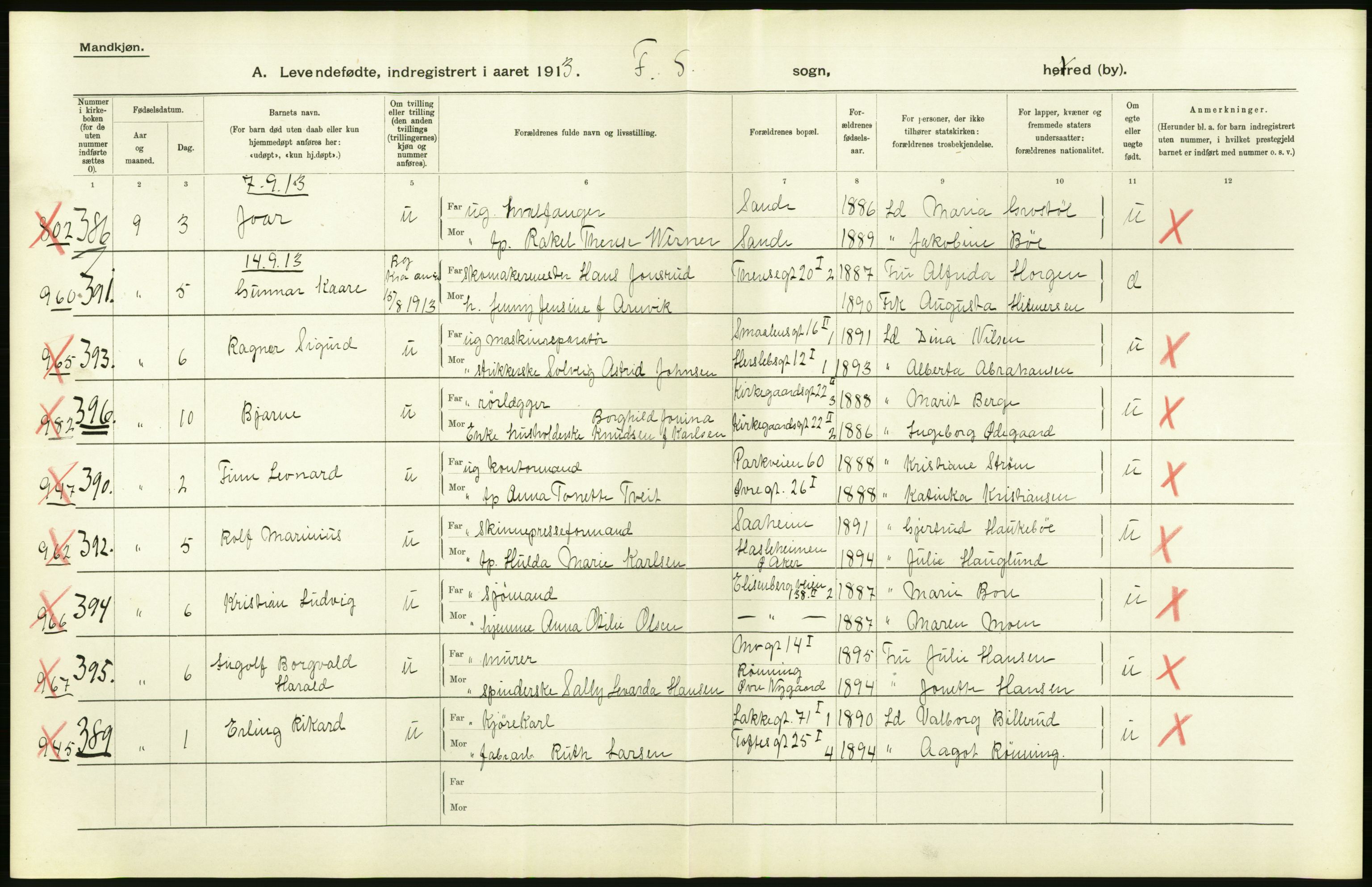 Statistisk sentralbyrå, Sosiodemografiske emner, Befolkning, AV/RA-S-2228/D/Df/Dfb/Dfbc/L0007: Kristiania: Levendefødte menn og kvinner., 1913, p. 46