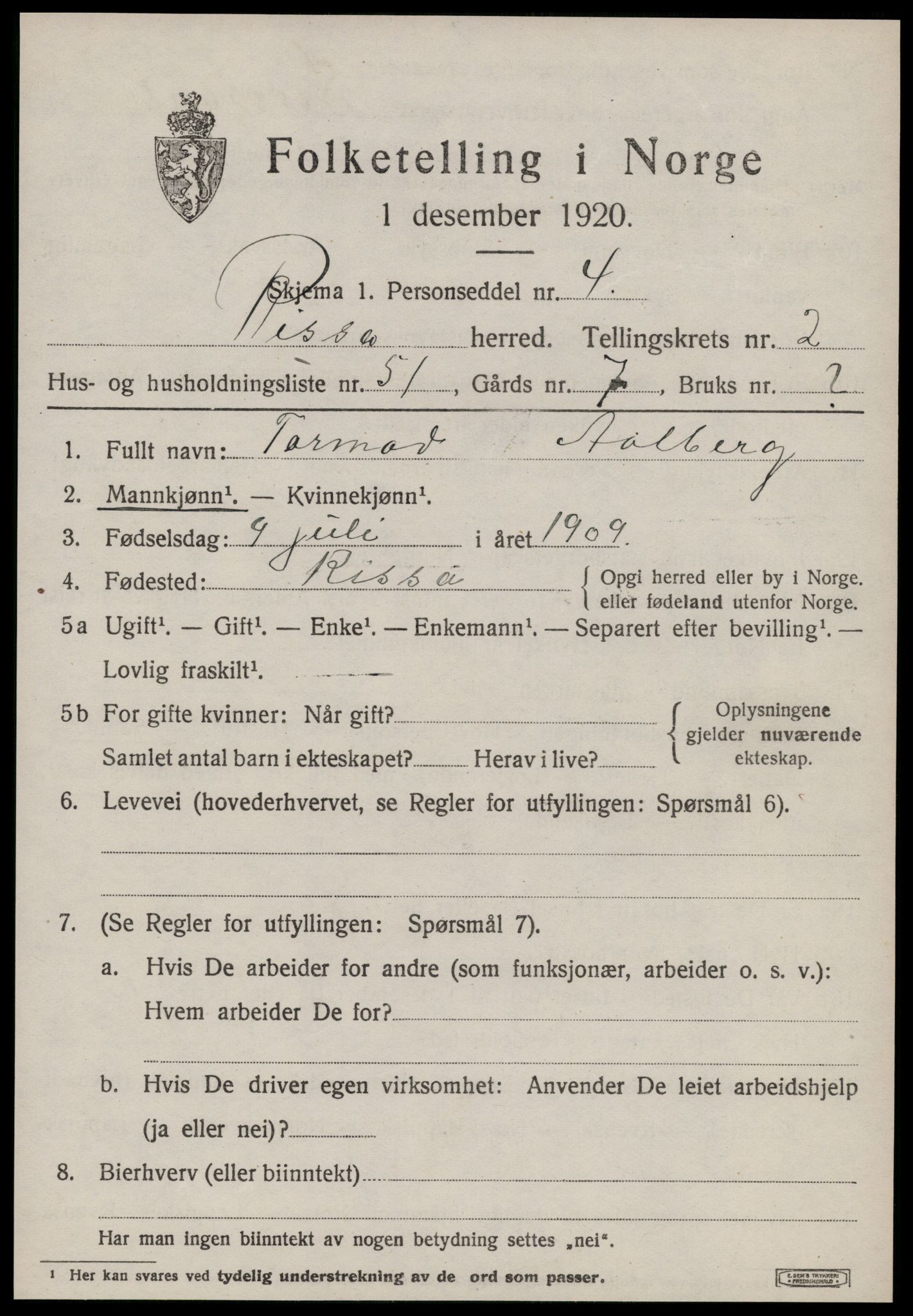 SAT, 1920 census for Rissa, 1920, p. 2303
