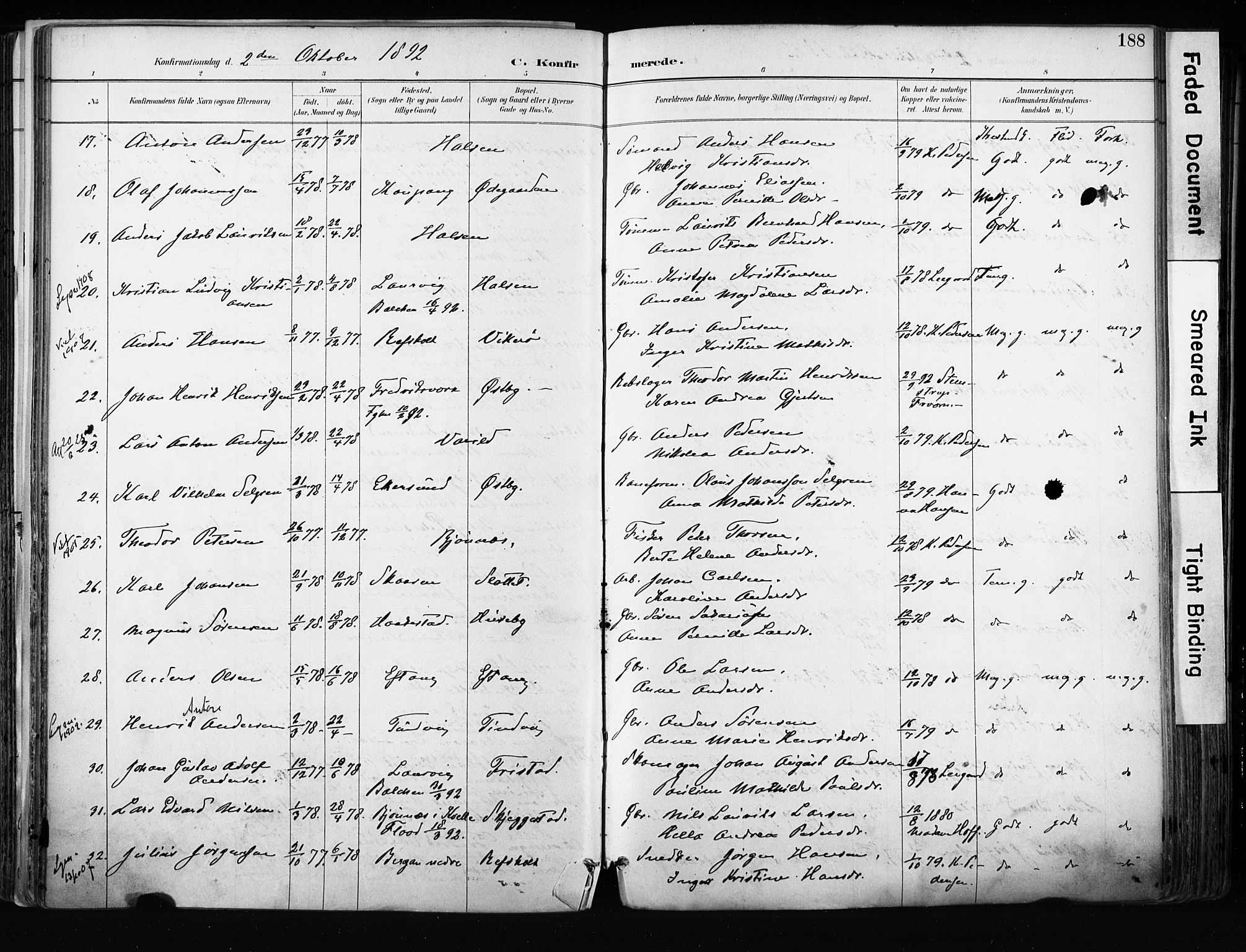 Tjølling kirkebøker, SAKO/A-60/F/Fa/L0009: Parish register (official) no. 9, 1887-1905, p. 188
