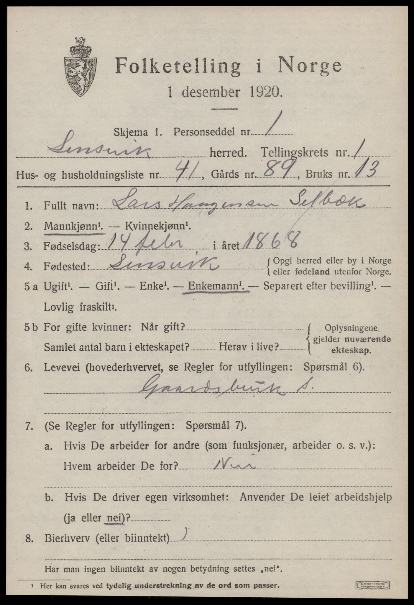 SAT, 1920 census for Lensvik, 1920, p. 932