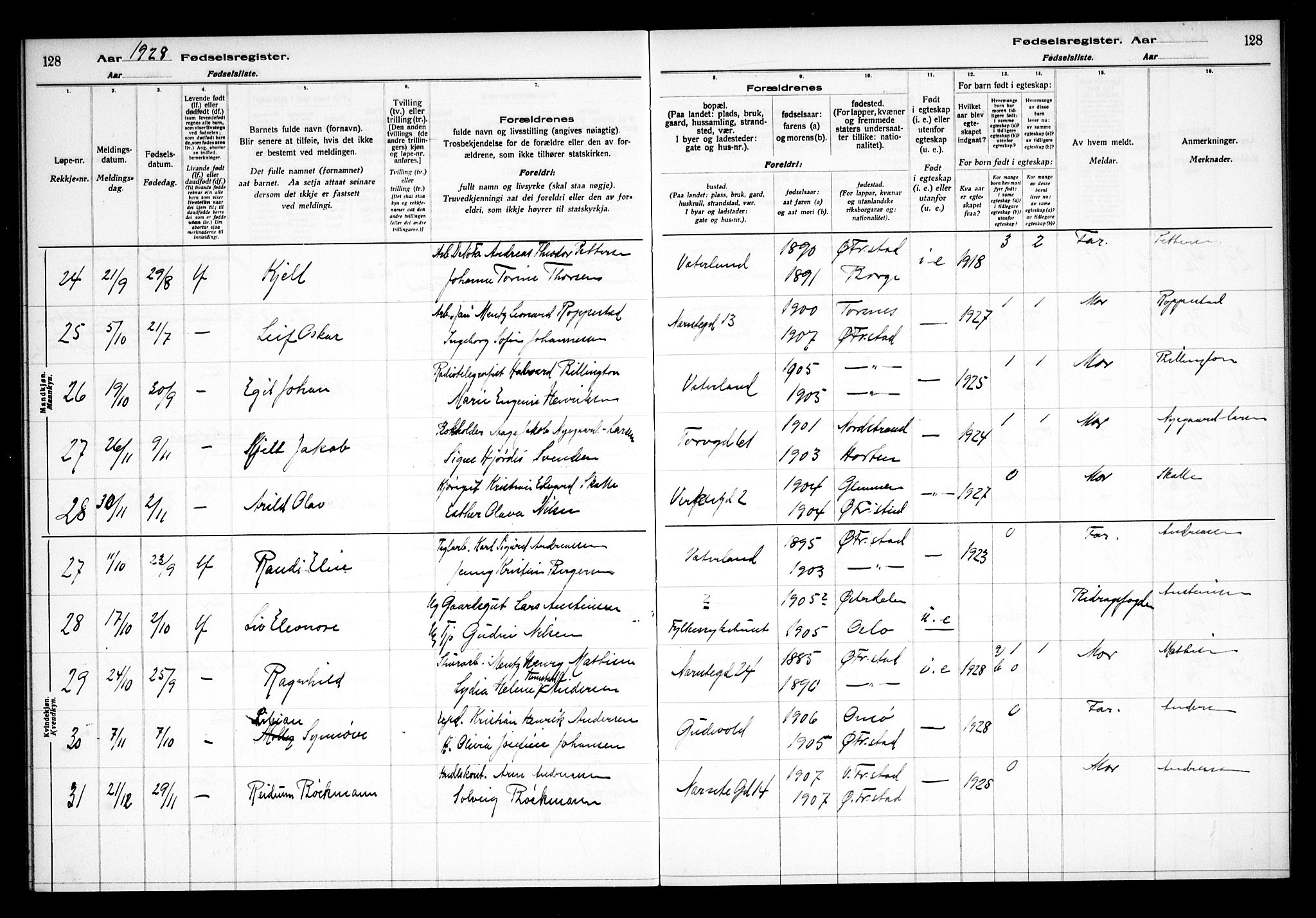 Østre Fredrikstad prestekontor Kirkebøker, AV/SAO-A-10907/J/Ja/L0001: Birth register no. 1, 1916-1936, p. 128