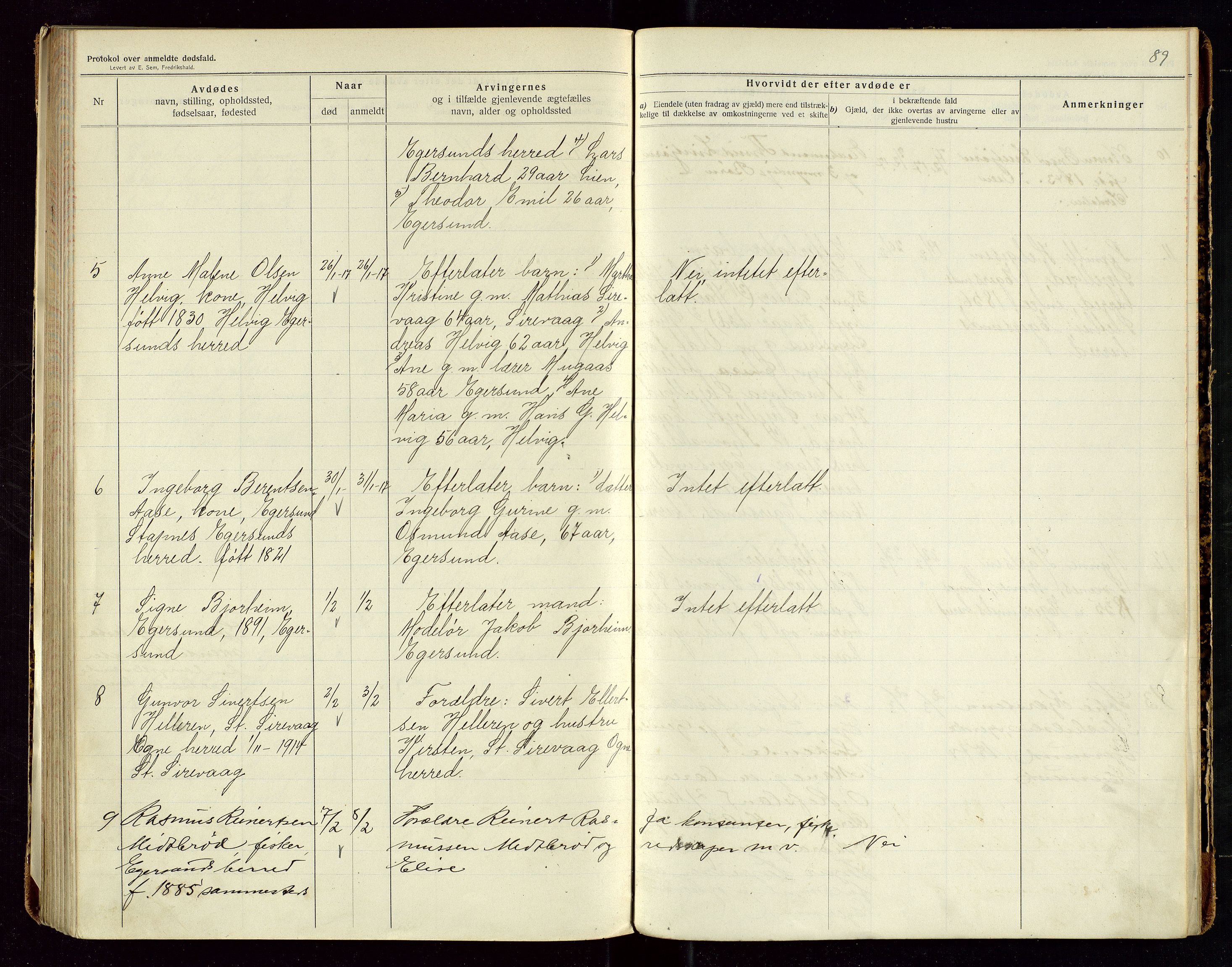 Eigersund lensmannskontor, SAST/A-100171/Gga/L0006: "Protokol over anmeldte dødsfald" m/alfabetisk navneregister, 1914-1917, p. 89