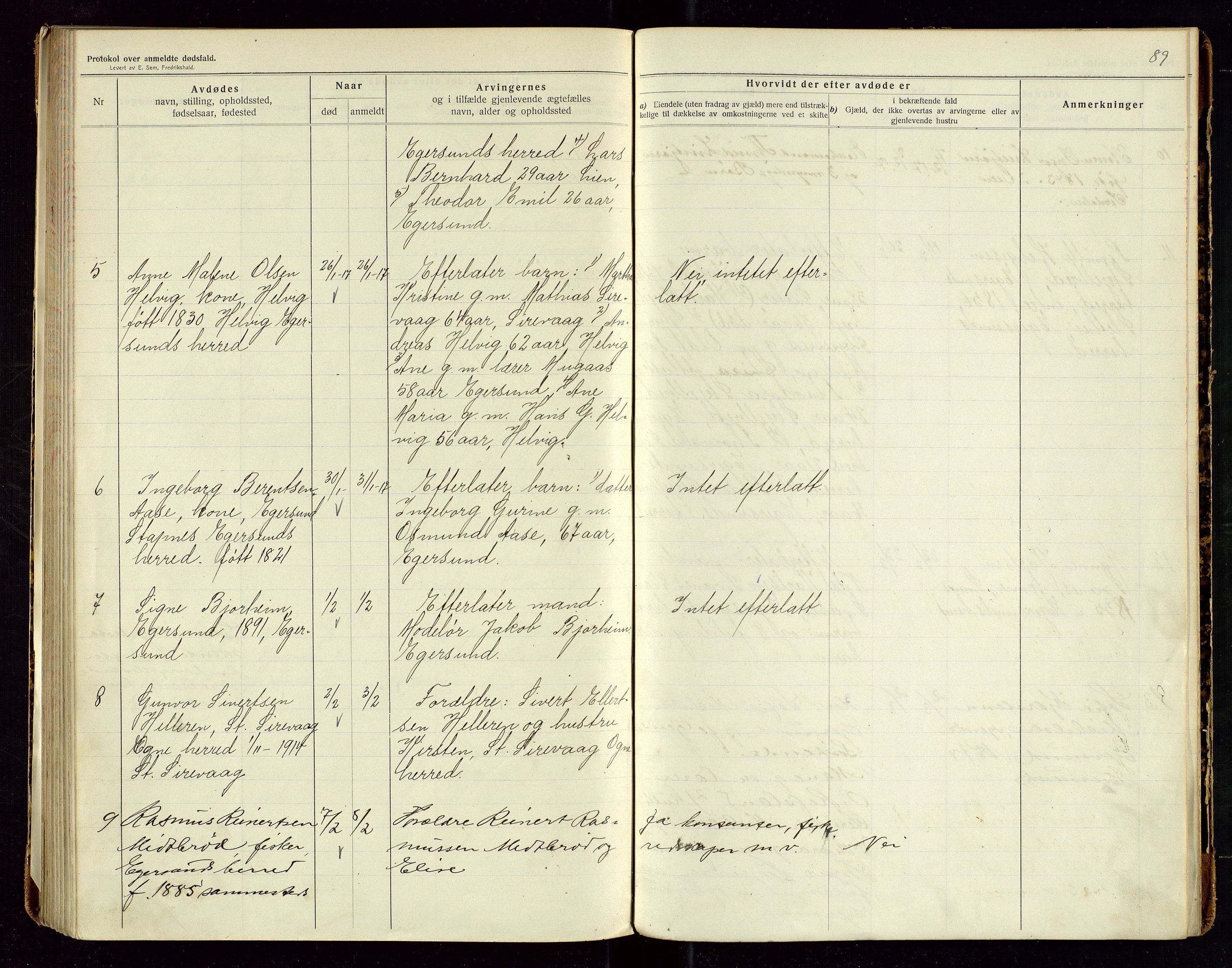 Eigersund lensmannskontor, AV/SAST-A-100171/Gga/L0006: "Protokol over anmeldte dødsfald" m/alfabetisk navneregister, 1914-1917, p. 89