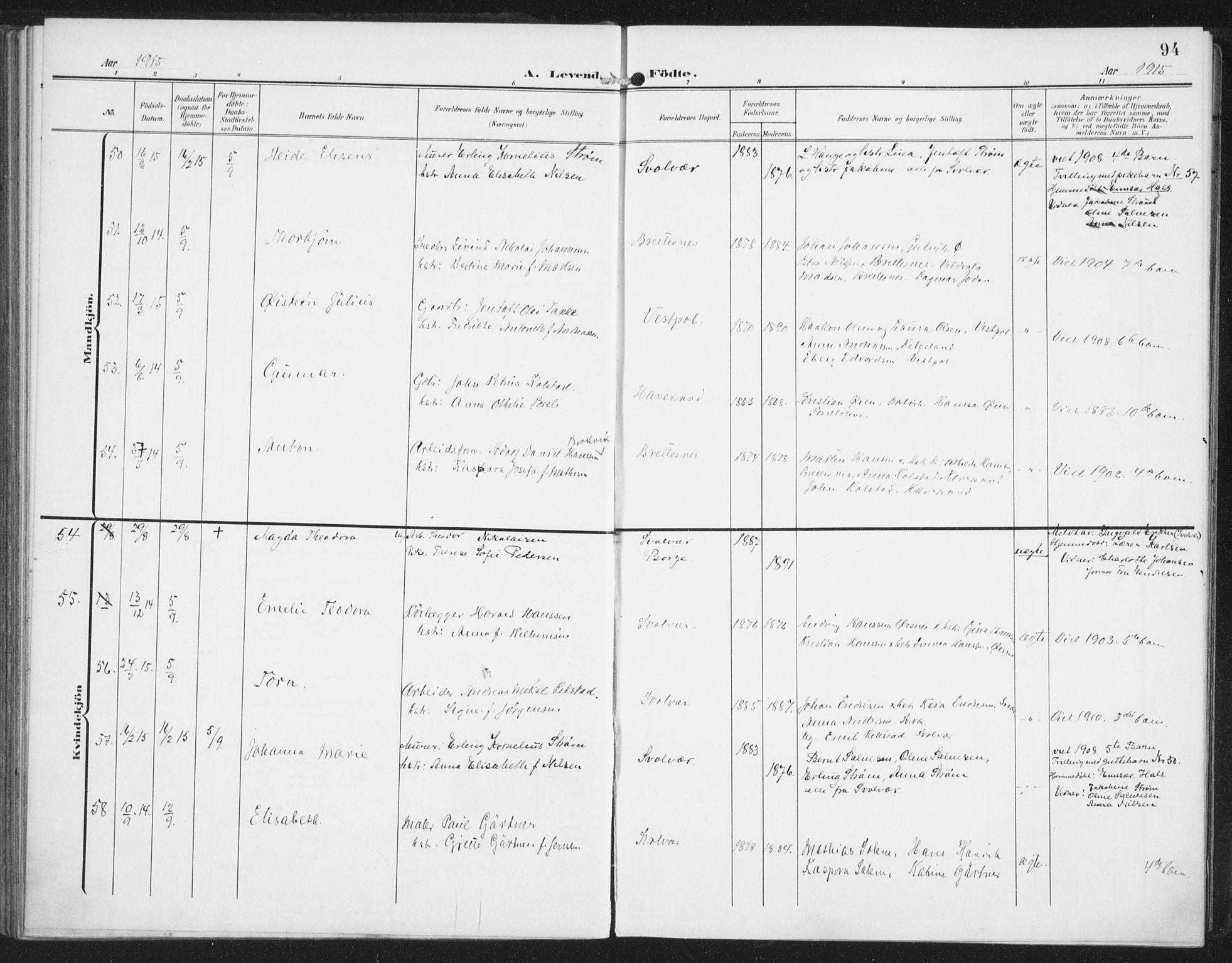 Ministerialprotokoller, klokkerbøker og fødselsregistre - Nordland, AV/SAT-A-1459/874/L1063: Parish register (official) no. 874A07, 1907-1915, p. 94