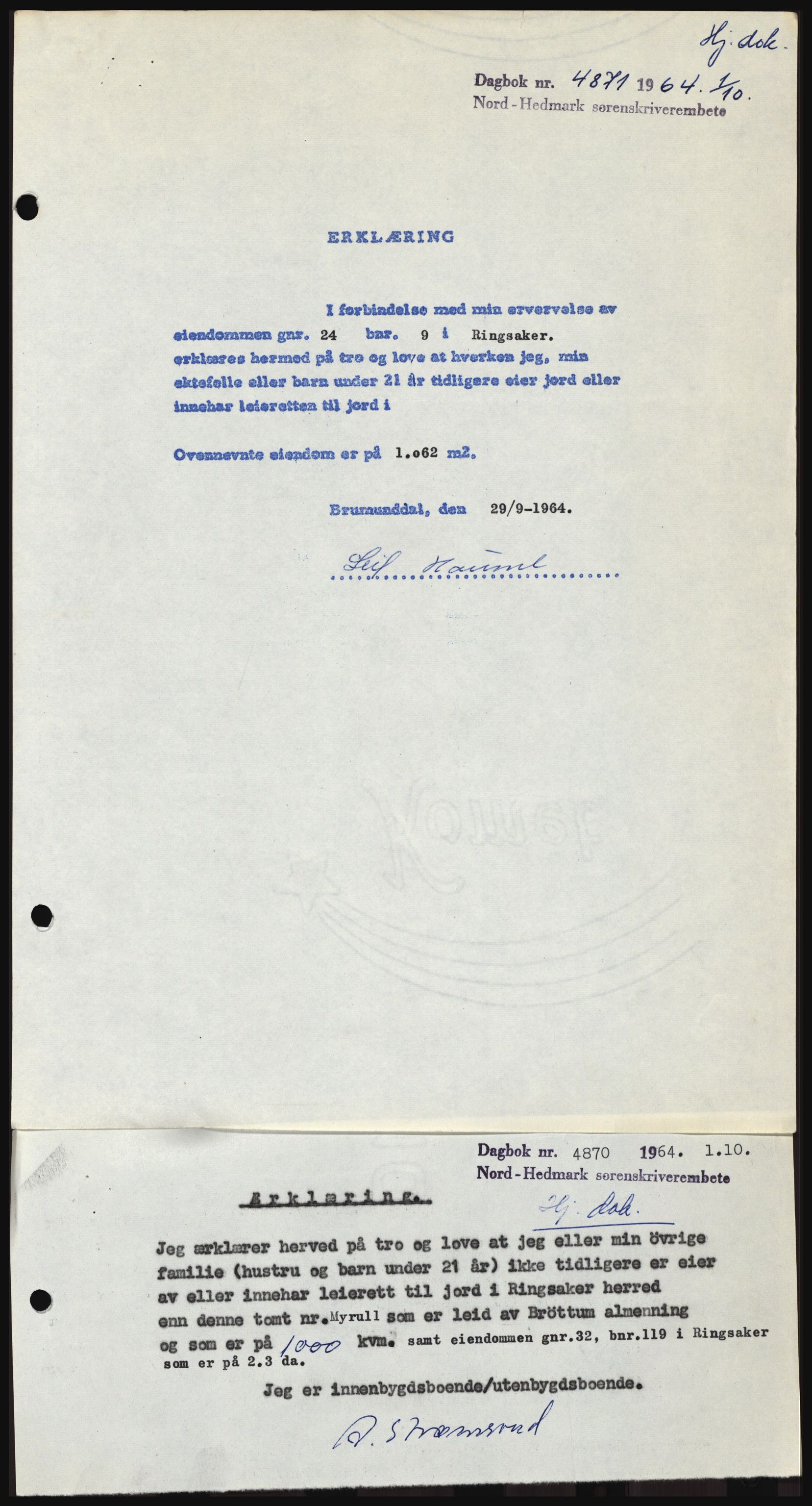 Nord-Hedmark sorenskriveri, SAH/TING-012/H/Hc/L0020: Mortgage book no. 20, 1964-1964, Diary no: : 4871/1964
