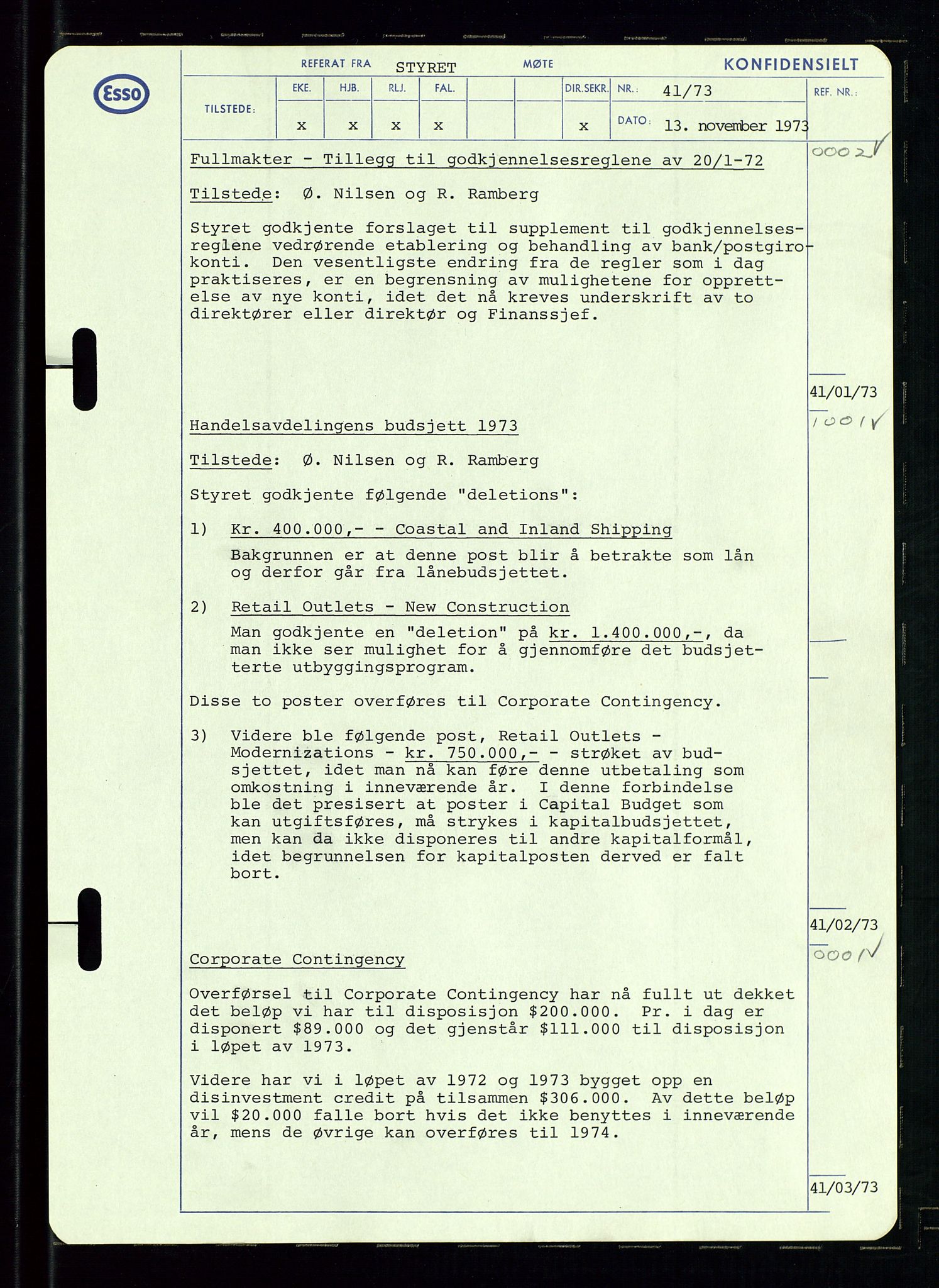 Pa 0982 - Esso Norge A/S, AV/SAST-A-100448/A/Aa/L0003/0002: Den administrerende direksjon Board minutes (styrereferater) og Bedriftforsamlingsprotokoll / Den administrerende direksjon Board minutes (styrereferater), 1970-1974, p. 44