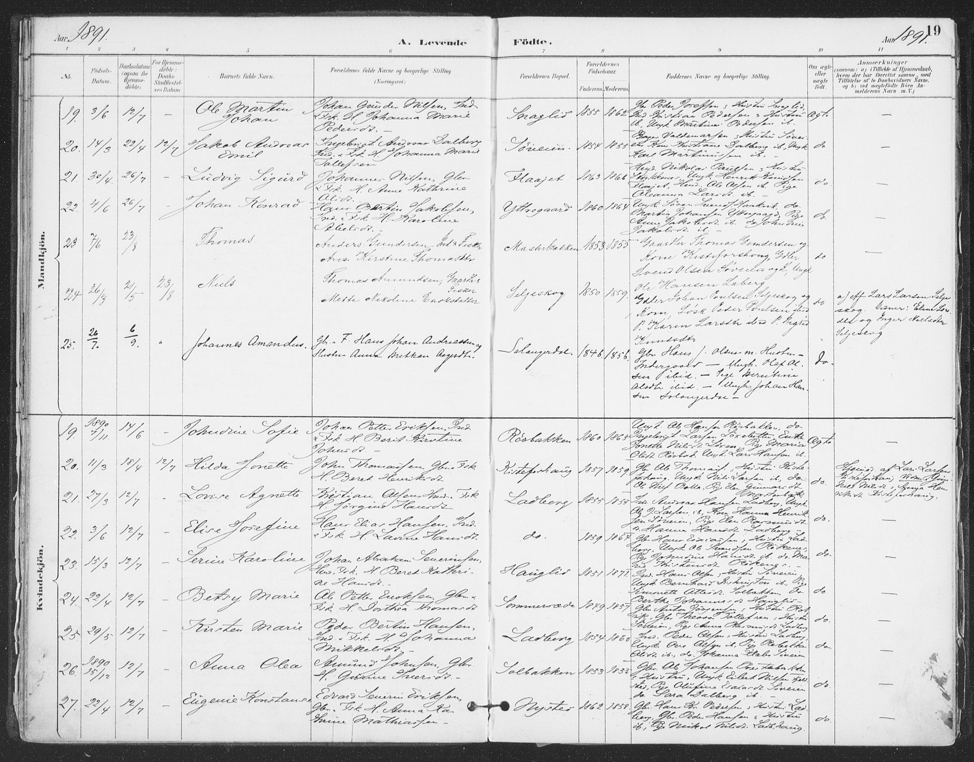 Ibestad sokneprestembete, AV/SATØ-S-0077/H/Ha/Haa/L0015kirke: Parish register (official) no. 15, 1888-1899, p. 19