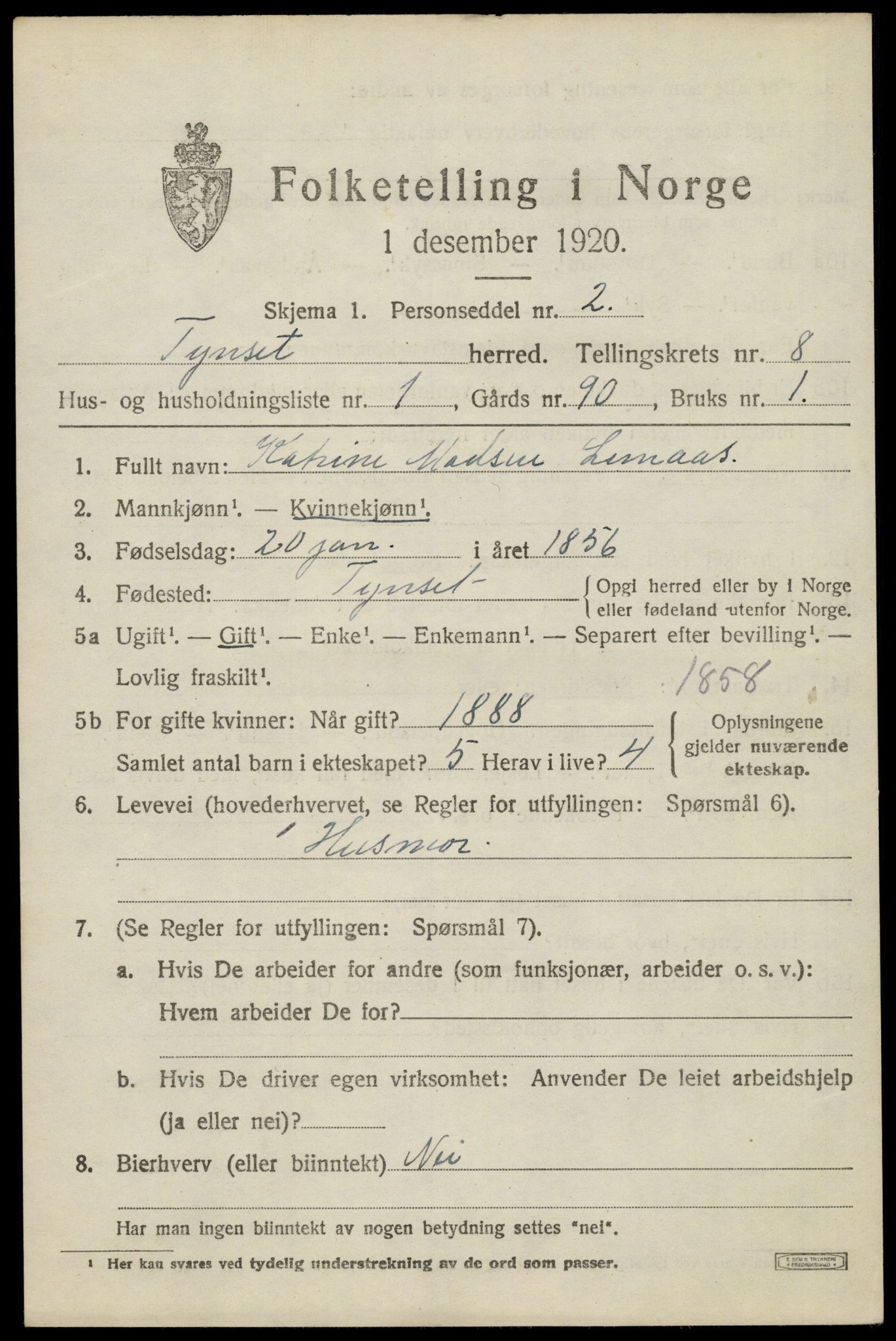 SAH, 1920 census for Tynset, 1920, p. 6546