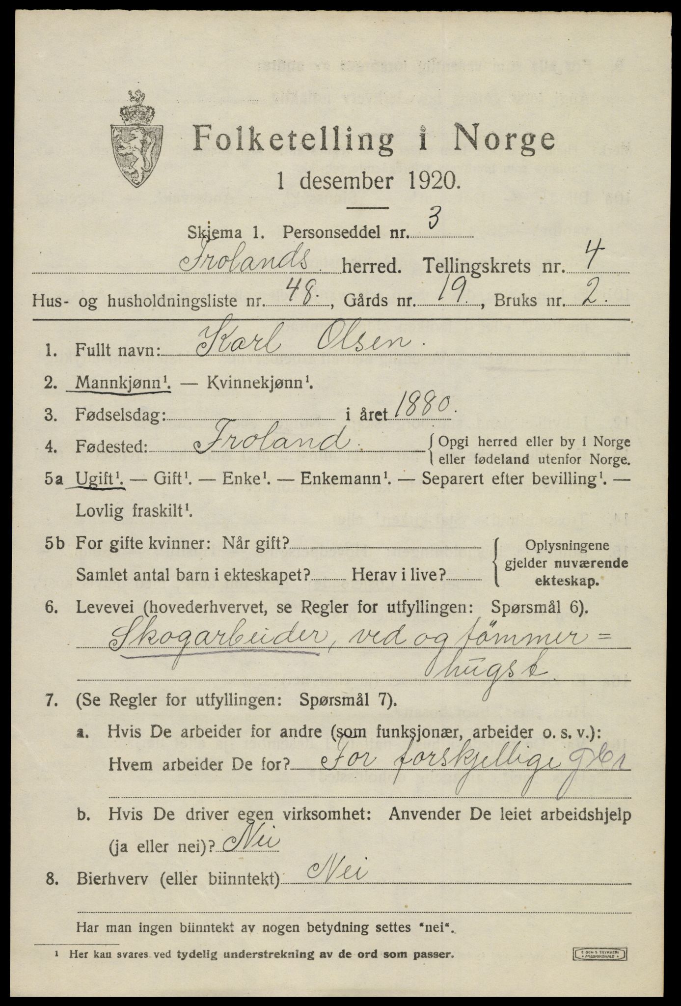 SAK, 1920 census for Froland, 1920, p. 3623