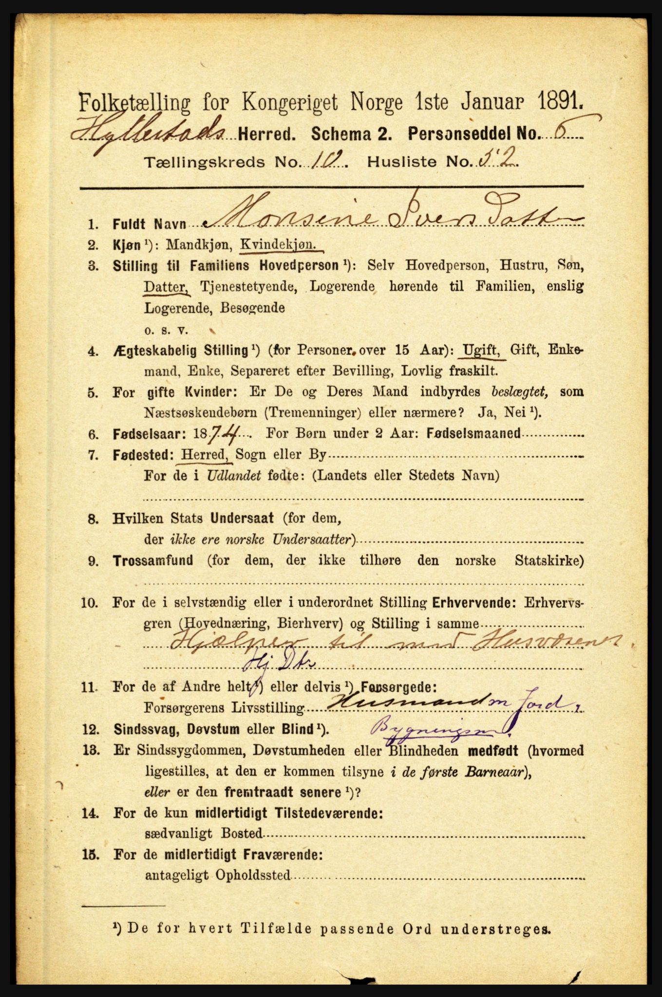 RA, 1891 census for 1413 Hyllestad, 1891, p. 1990