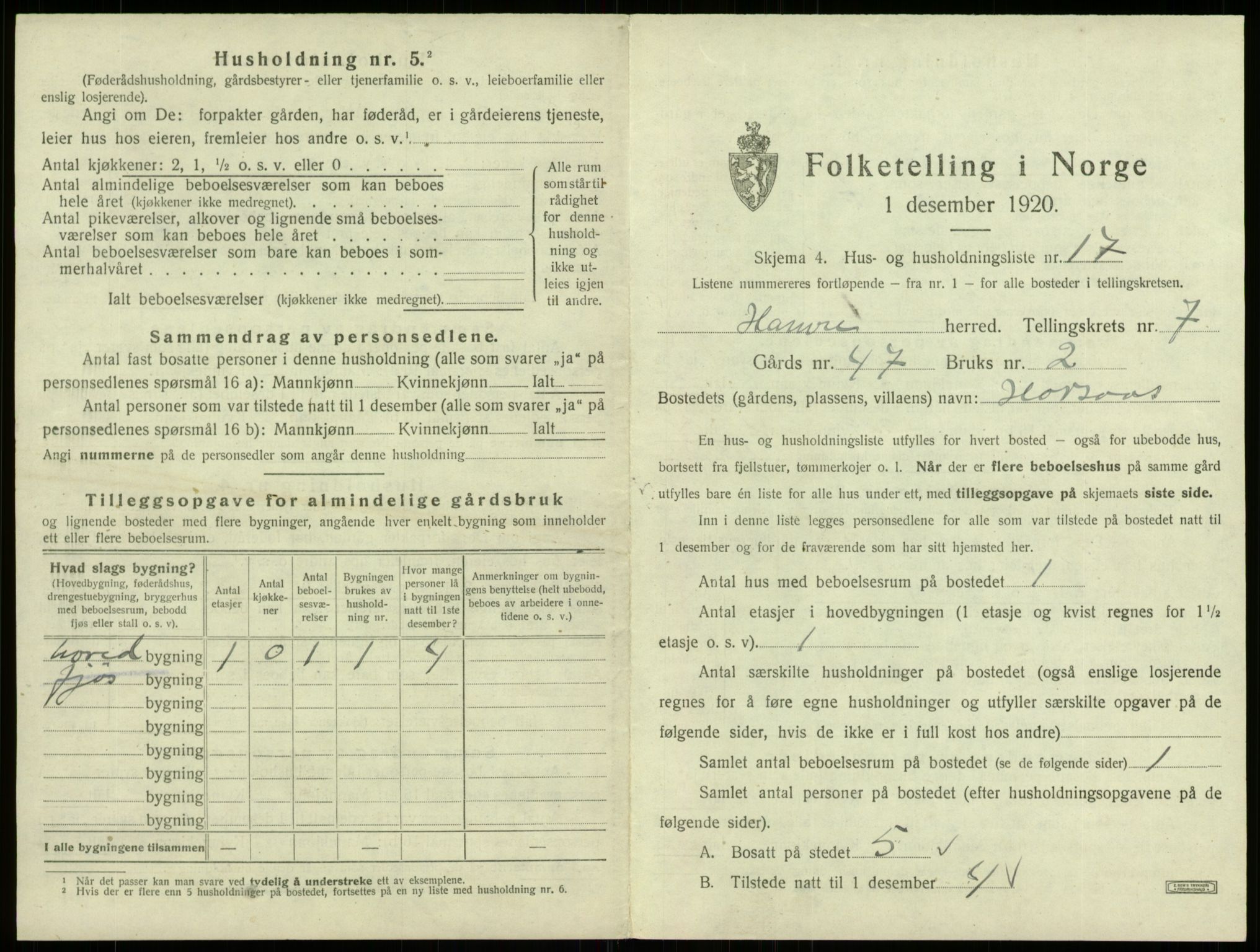 SAB, 1920 census for Hamre, 1920, p. 642