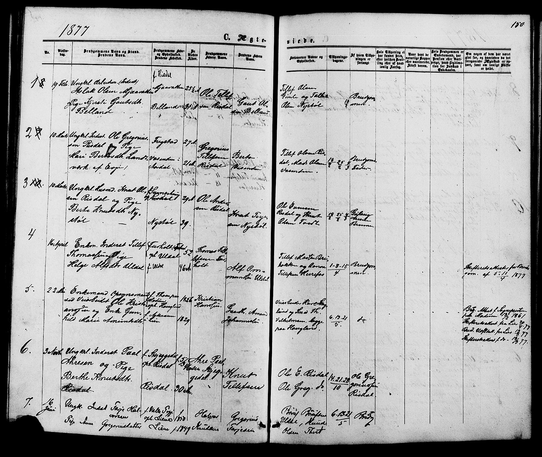 Herefoss sokneprestkontor, SAK/1111-0019/F/Fb/Fbc/L0002: Parish register (copy) no. B 2, 1867-1886, p. 150