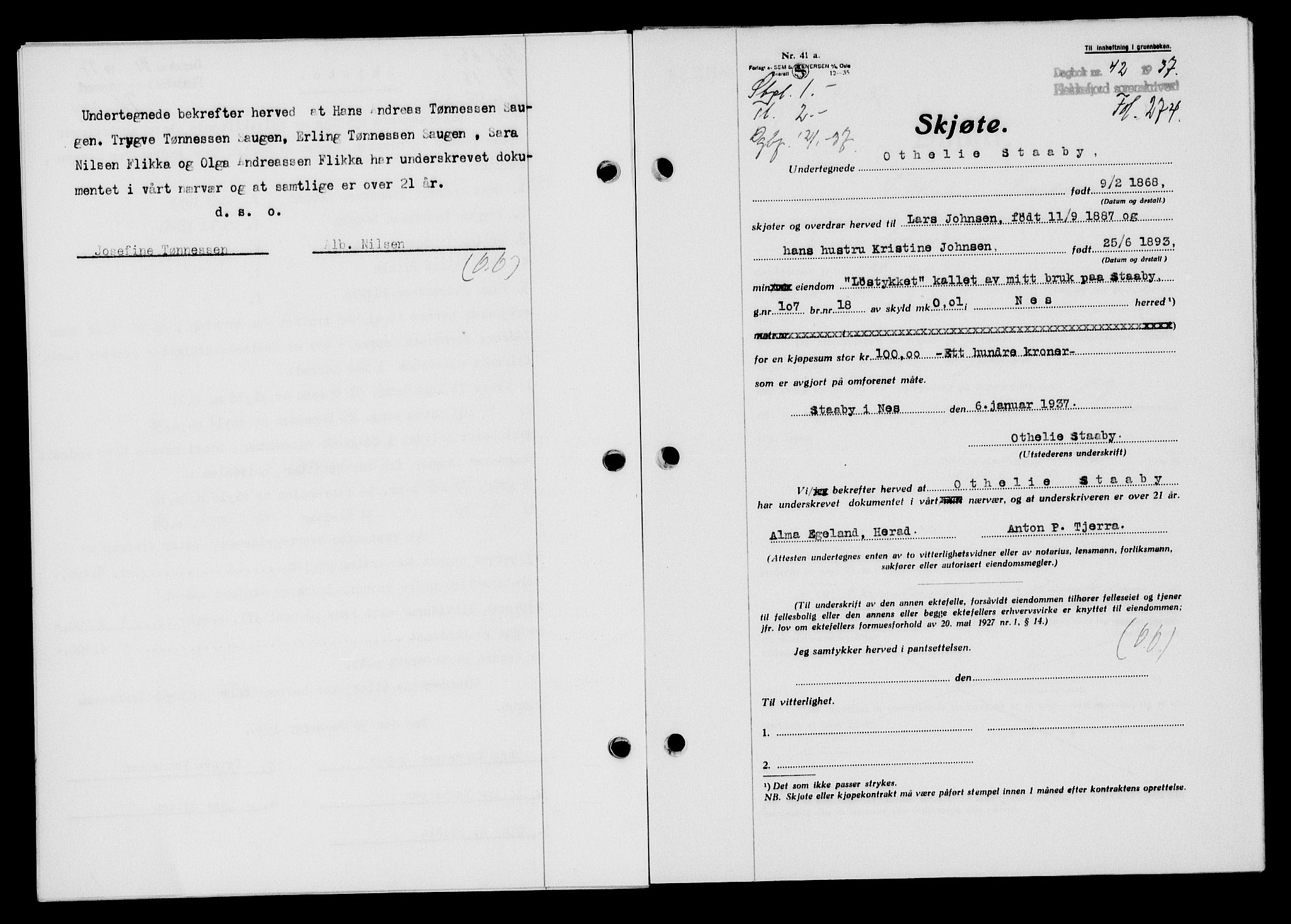 Flekkefjord sorenskriveri, SAK/1221-0001/G/Gb/Gba/L0053: Mortgage book no. A-1, 1936-1937, Diary no: : 42/1937