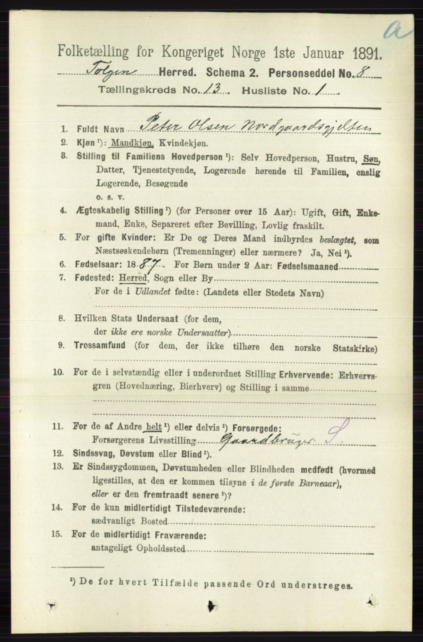 RA, 1891 census for 0436 Tolga, 1891, p. 3887