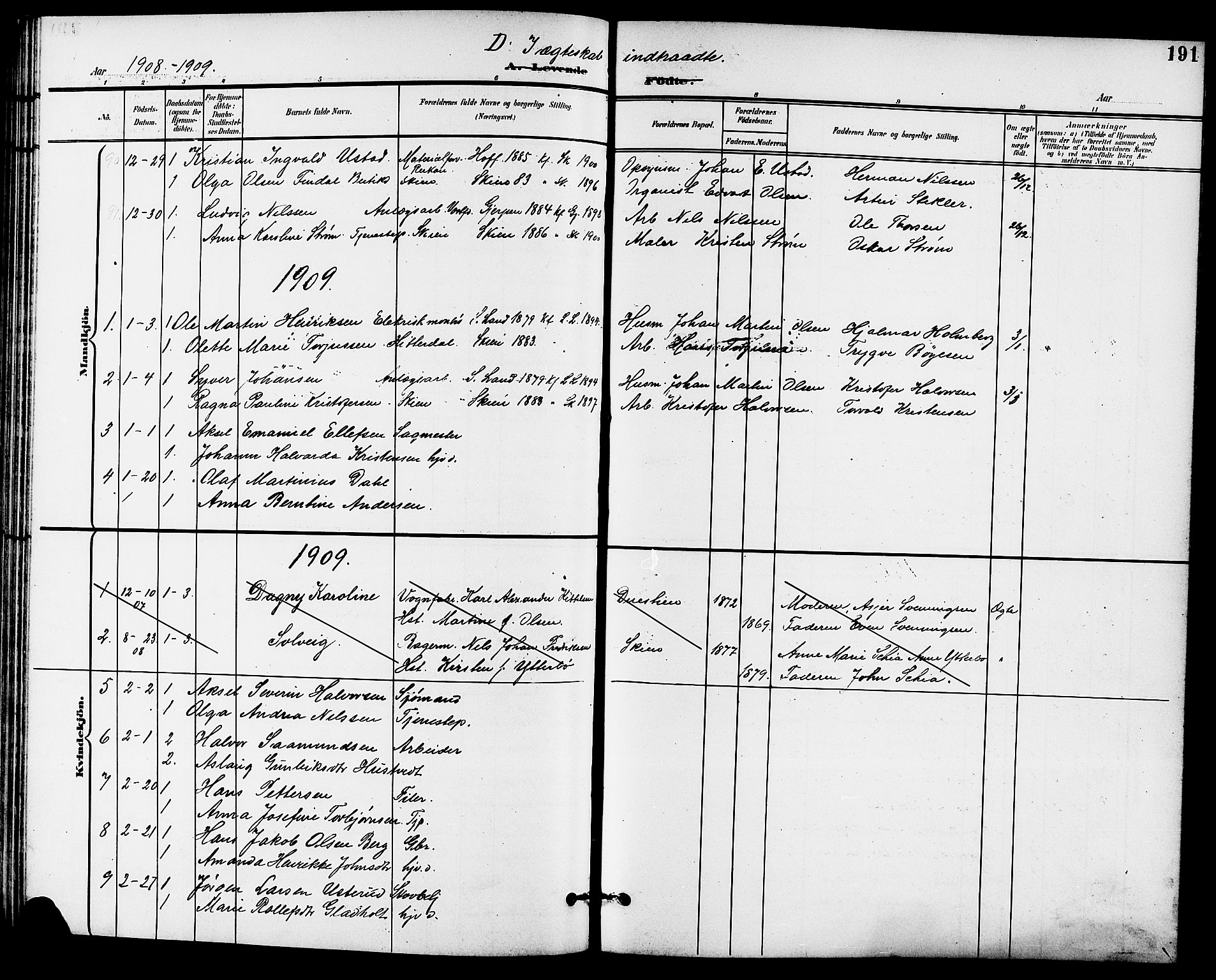 Skien kirkebøker, SAKO/A-302/G/Ga/L0008: Parish register (copy) no. 8, 1900-1910, p. 191