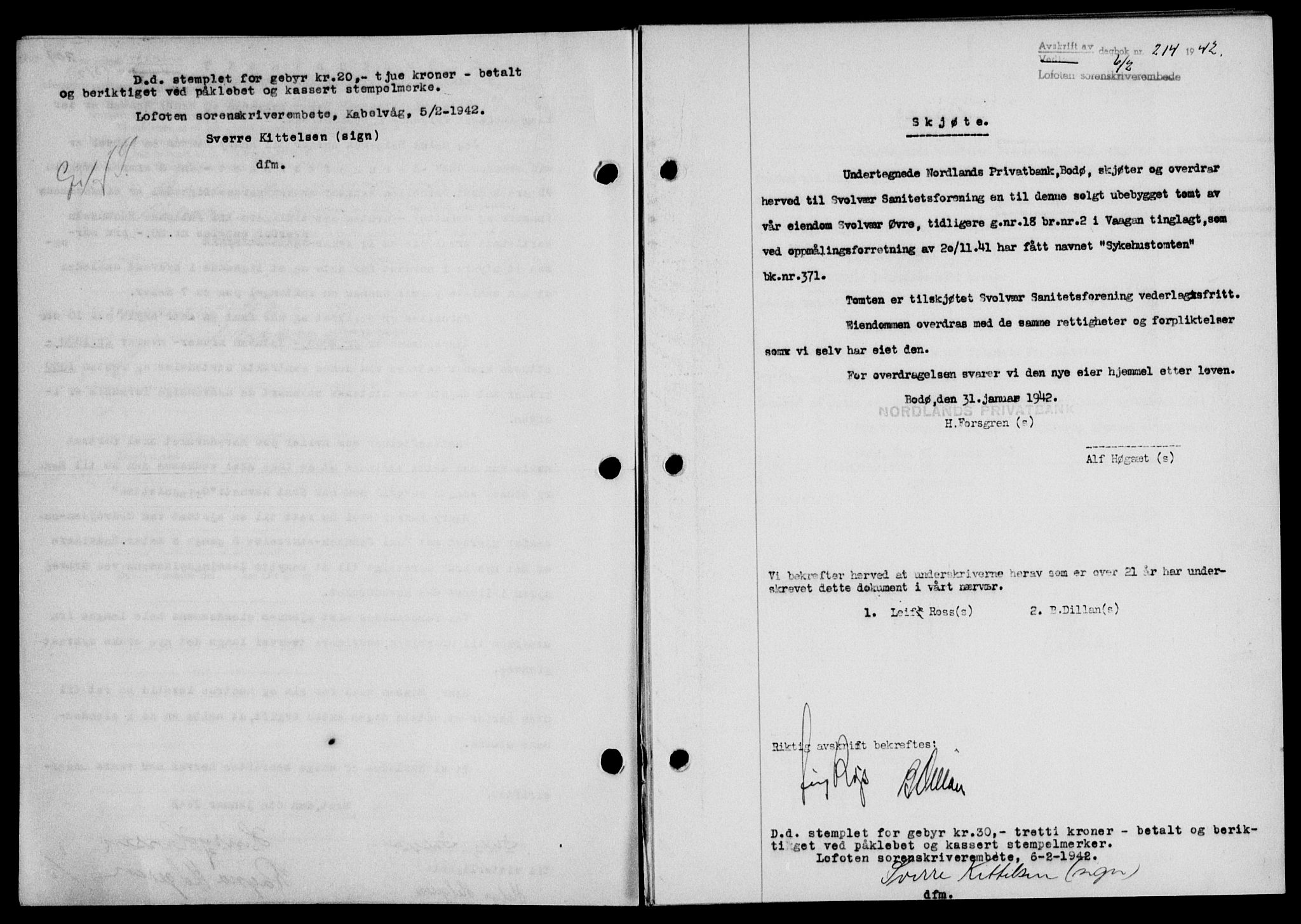 Lofoten sorenskriveri, SAT/A-0017/1/2/2C/L0009a: Mortgage book no. 9a, 1941-1942, Diary no: : 214/1942