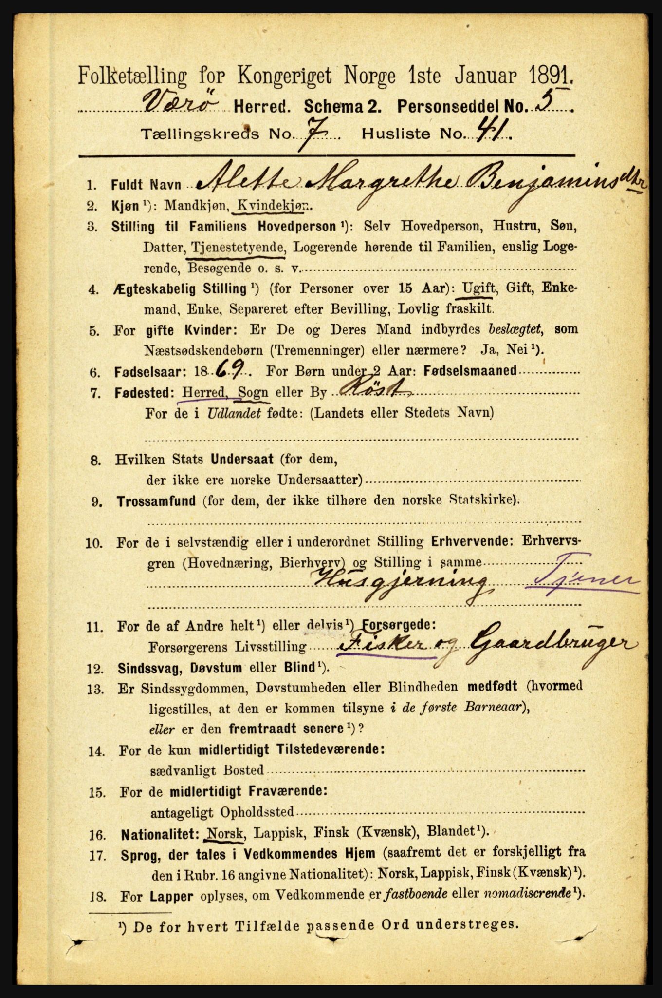 RA, 1891 census for 1857 Værøy, 1891, p. 1024