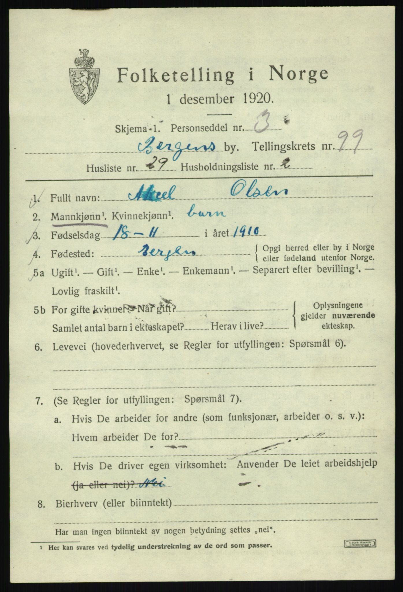 SAB, 1920 census for Bergen, 1920, p. 174758