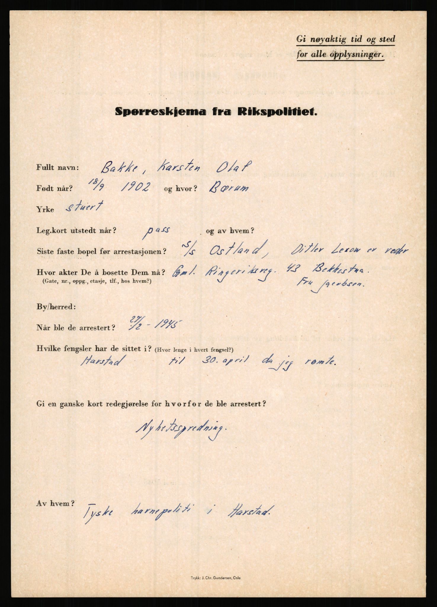 Rikspolitisjefen, AV/RA-S-1560/L/L0001: Abelseth, Rudolf - Berentsen, Odd, 1940-1945, p. 1101