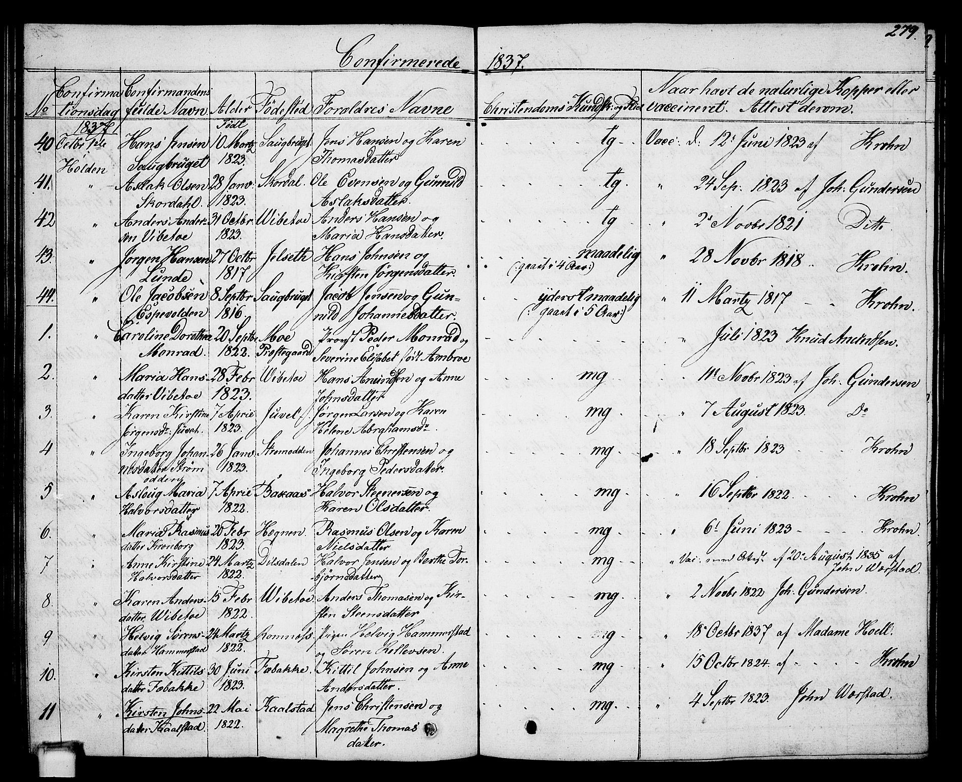 Holla kirkebøker, AV/SAKO-A-272/G/Ga/L0002: Parish register (copy) no. I 2, 1830-1848, p. 279