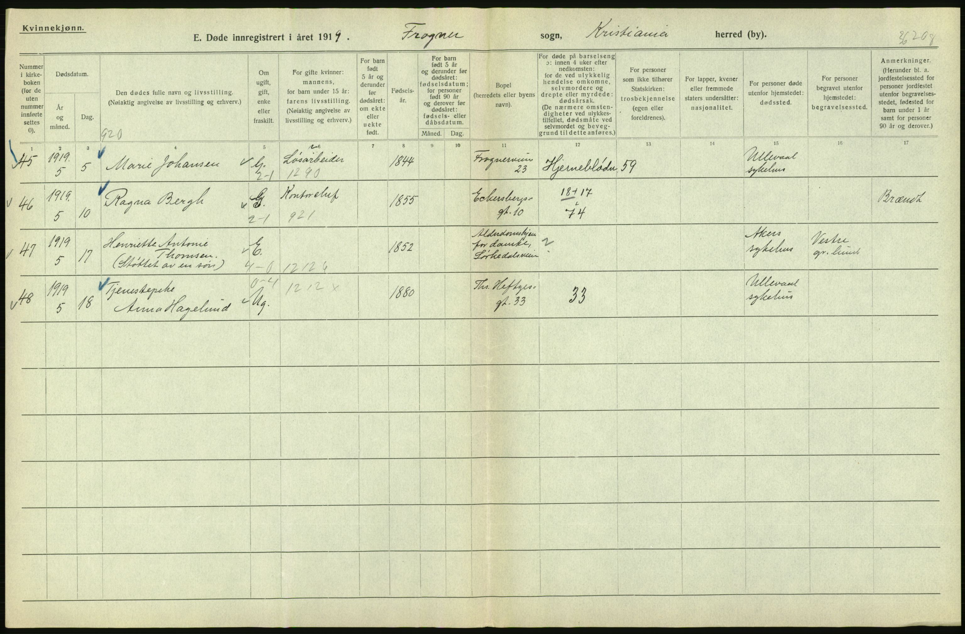 Statistisk sentralbyrå, Sosiodemografiske emner, Befolkning, AV/RA-S-2228/D/Df/Dfb/Dfbi/L0011: Kristiania: Døde, dødfødte, 1919