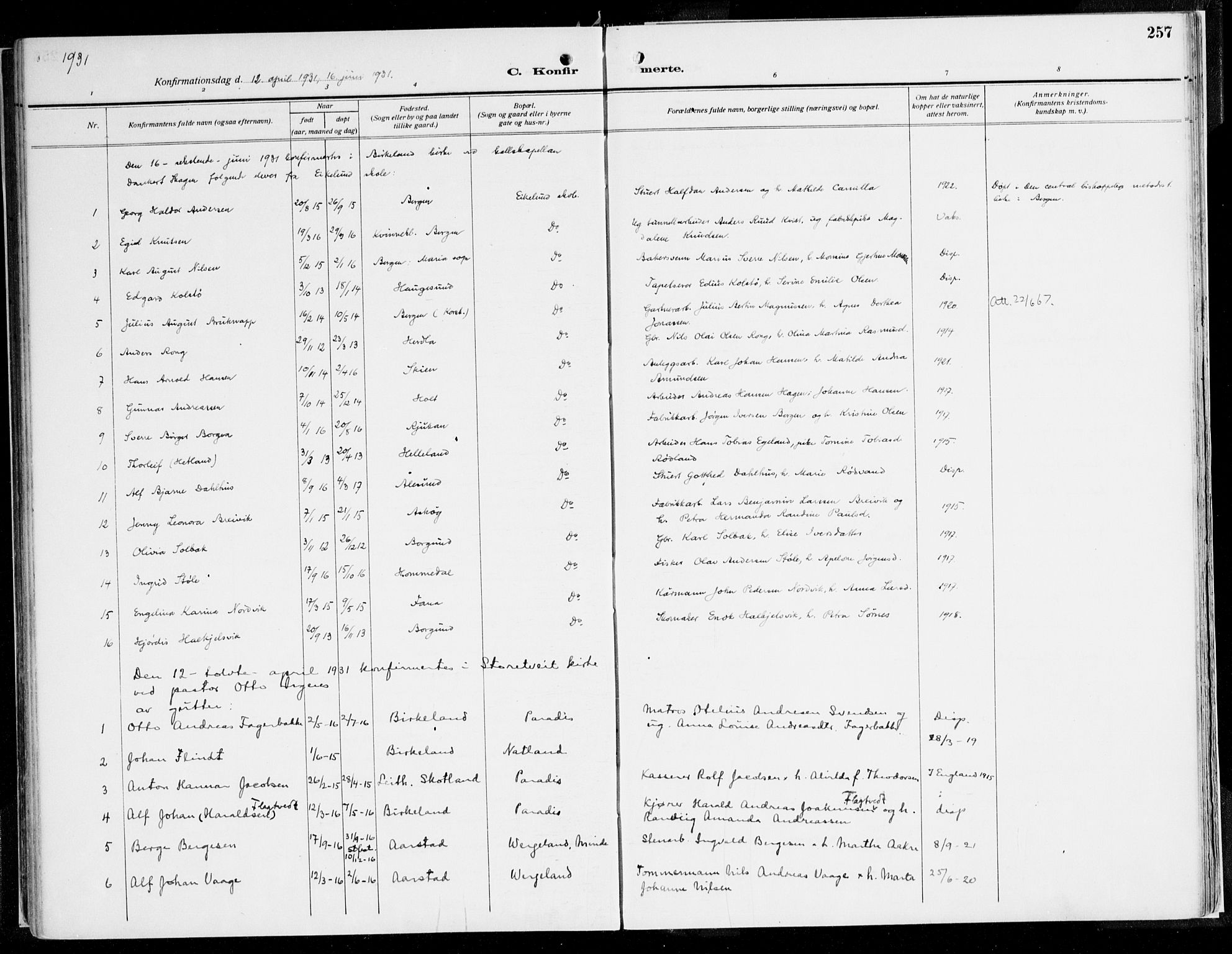 Fana Sokneprestembete, SAB/A-75101/H/Haa/Haaj/L0001: Parish register (official) no. J 1, 1921-1935, p. 257