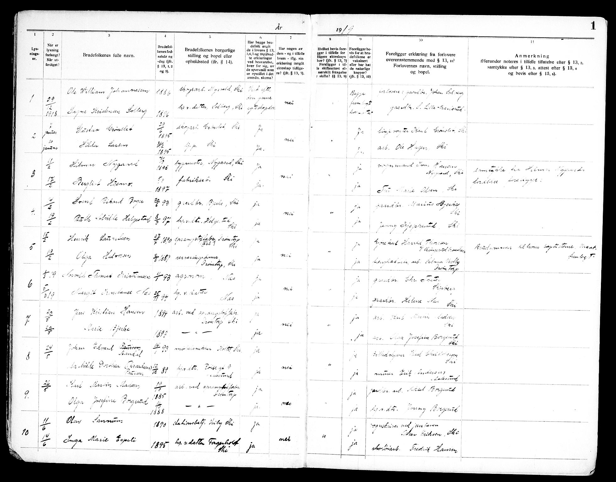 Kråkstad prestekontor Kirkebøker, SAO/A-10125a/H/Hb/L0001: Banns register no. II 1, 1919-1952, p. 1