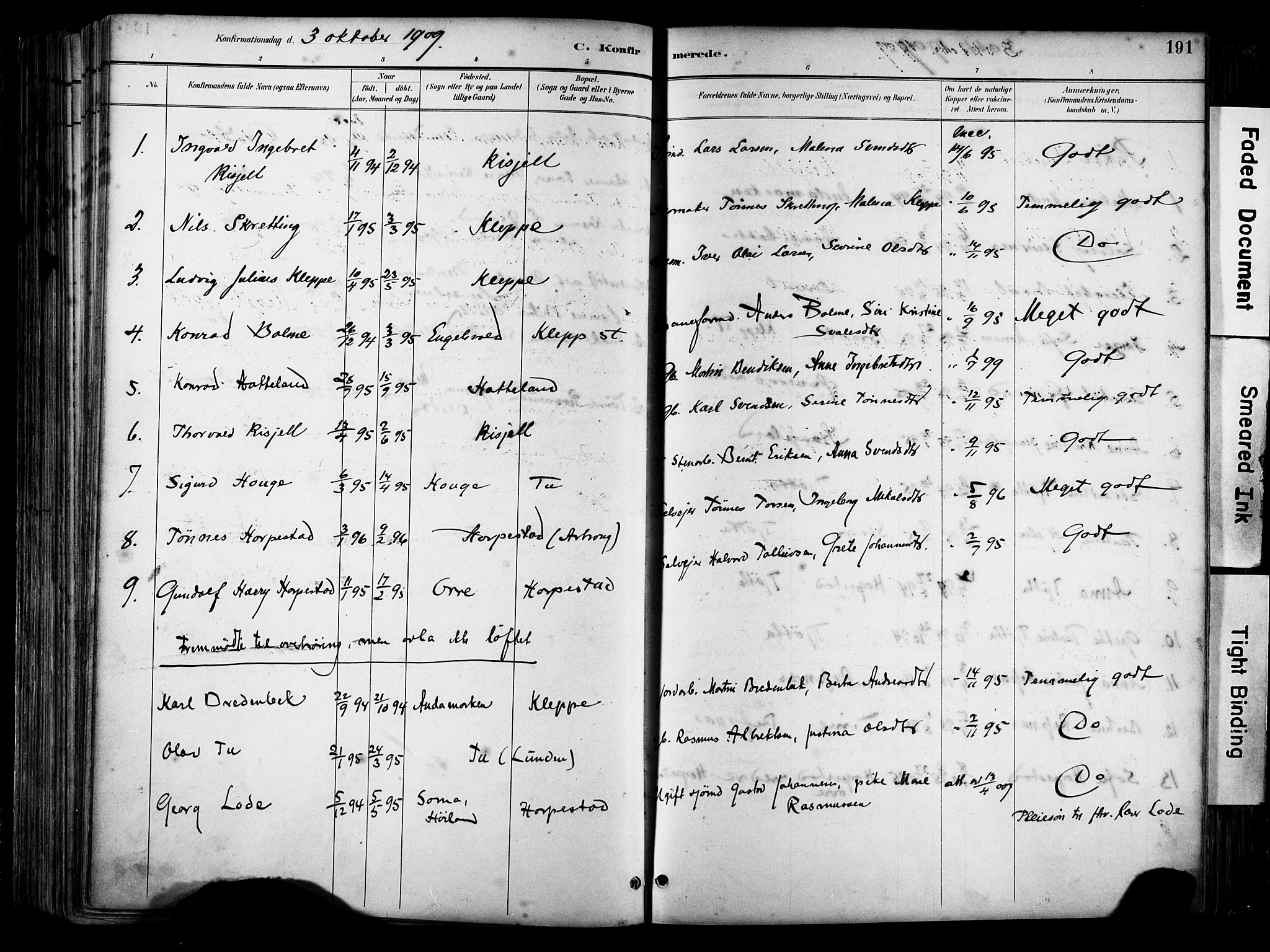 Klepp sokneprestkontor, SAST/A-101803/001/3/30BA/L0009: Parish register (official) no. A 7, 1886-1915, p. 191