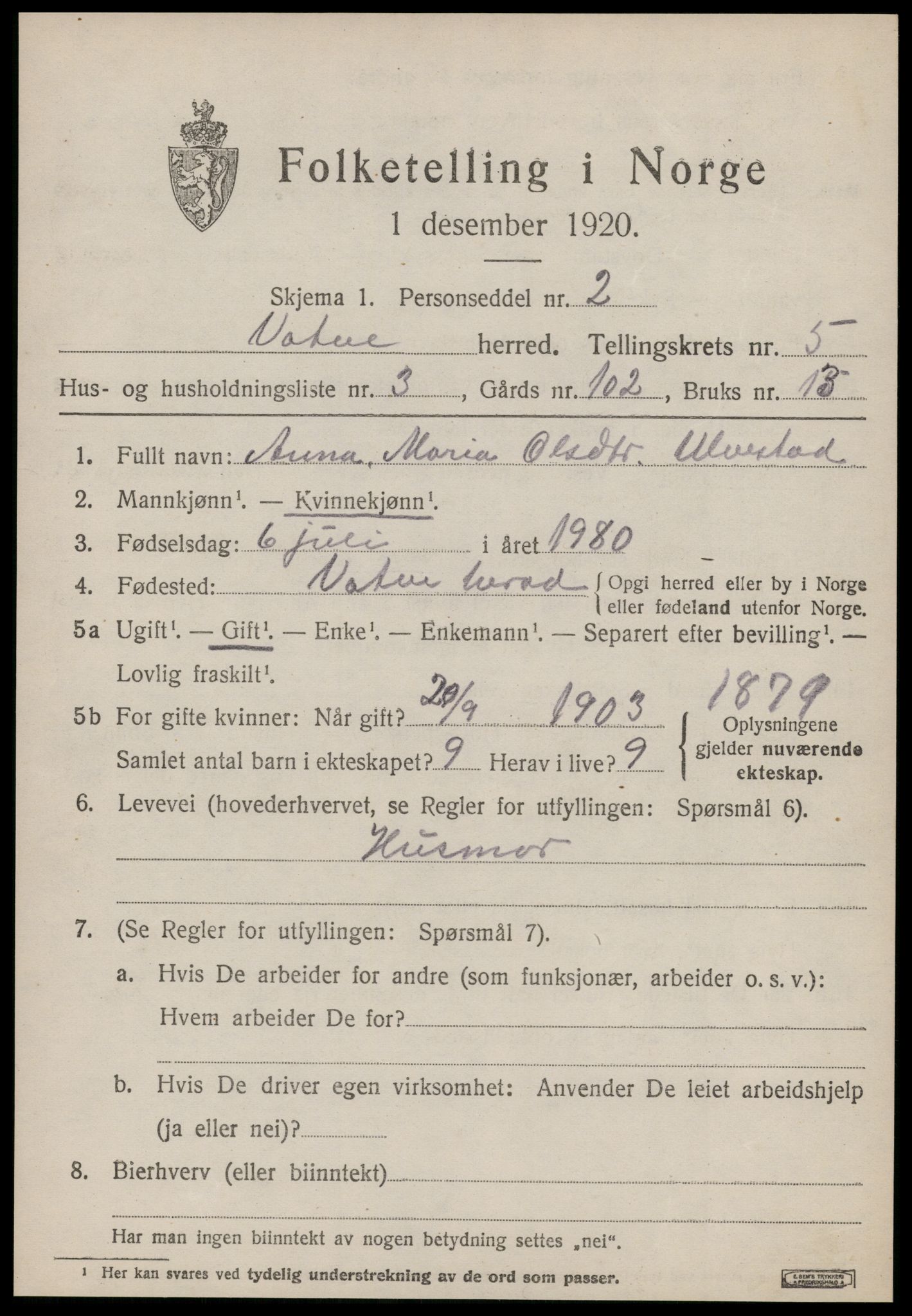 SAT, 1920 census for Vatne, 1920, p. 2168