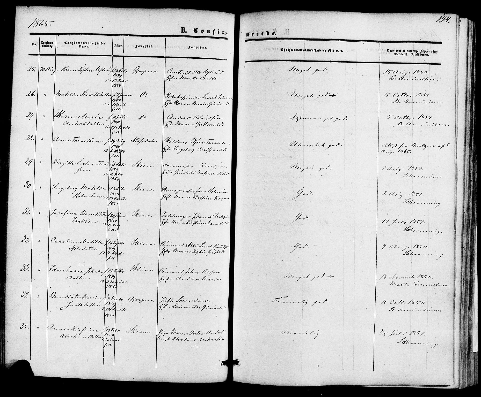 Skien kirkebøker, AV/SAKO-A-302/F/Fa/L0007: Parish register (official) no. 7, 1856-1865, p. 154