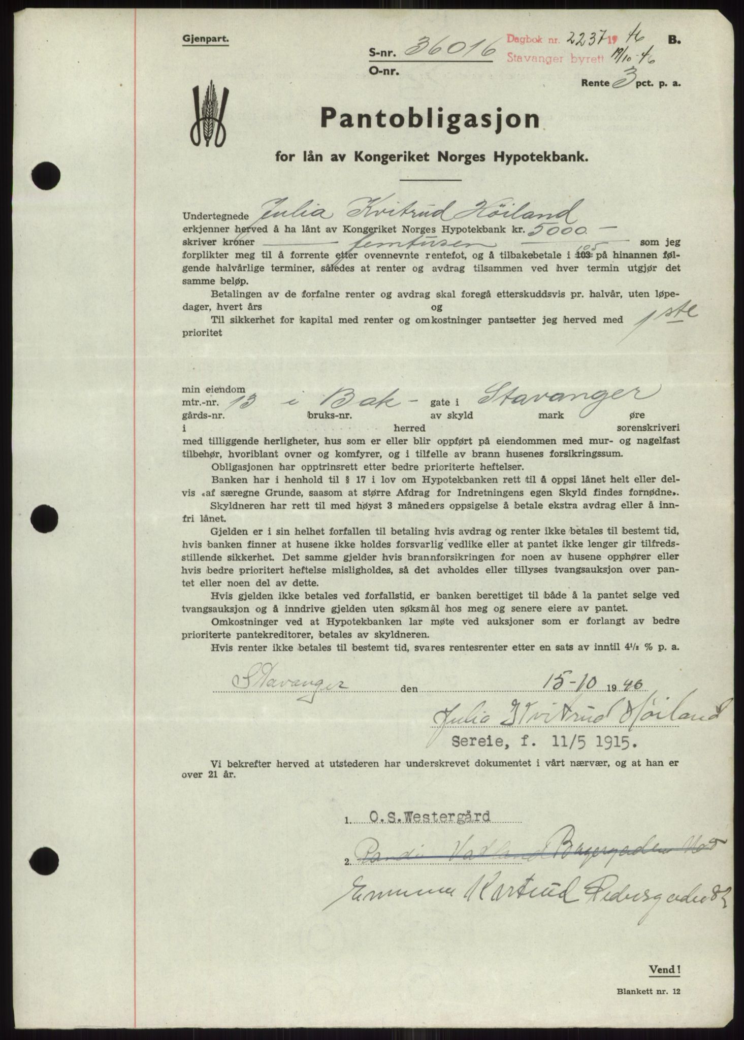 Stavanger byrett, AV/SAST-A-100455/002/G/Gb/L0031: Mortgage book, 1943-1947, Diary no: : 2237/1946