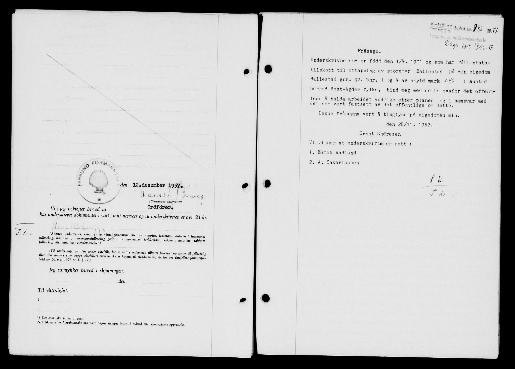 Lyngdal sorenskriveri, AV/SAK-1221-0004/G/Gb/L0676: Mortgage book no. A XXII, 1957-1957, Diary no: : 982/1957