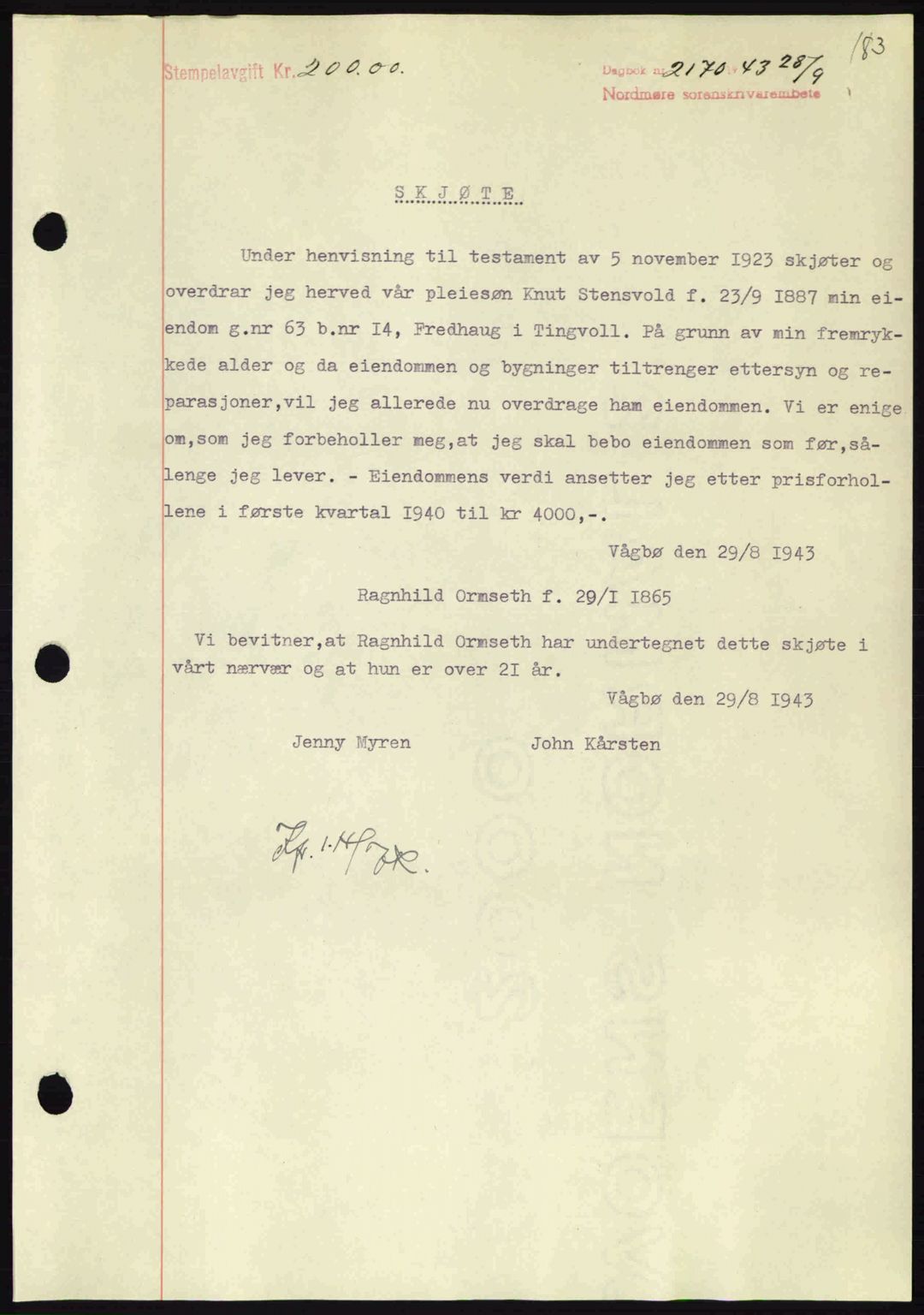 Nordmøre sorenskriveri, SAT/A-4132/1/2/2Ca: Mortgage book no. A96, 1943-1944, Diary no: : 2170/1943