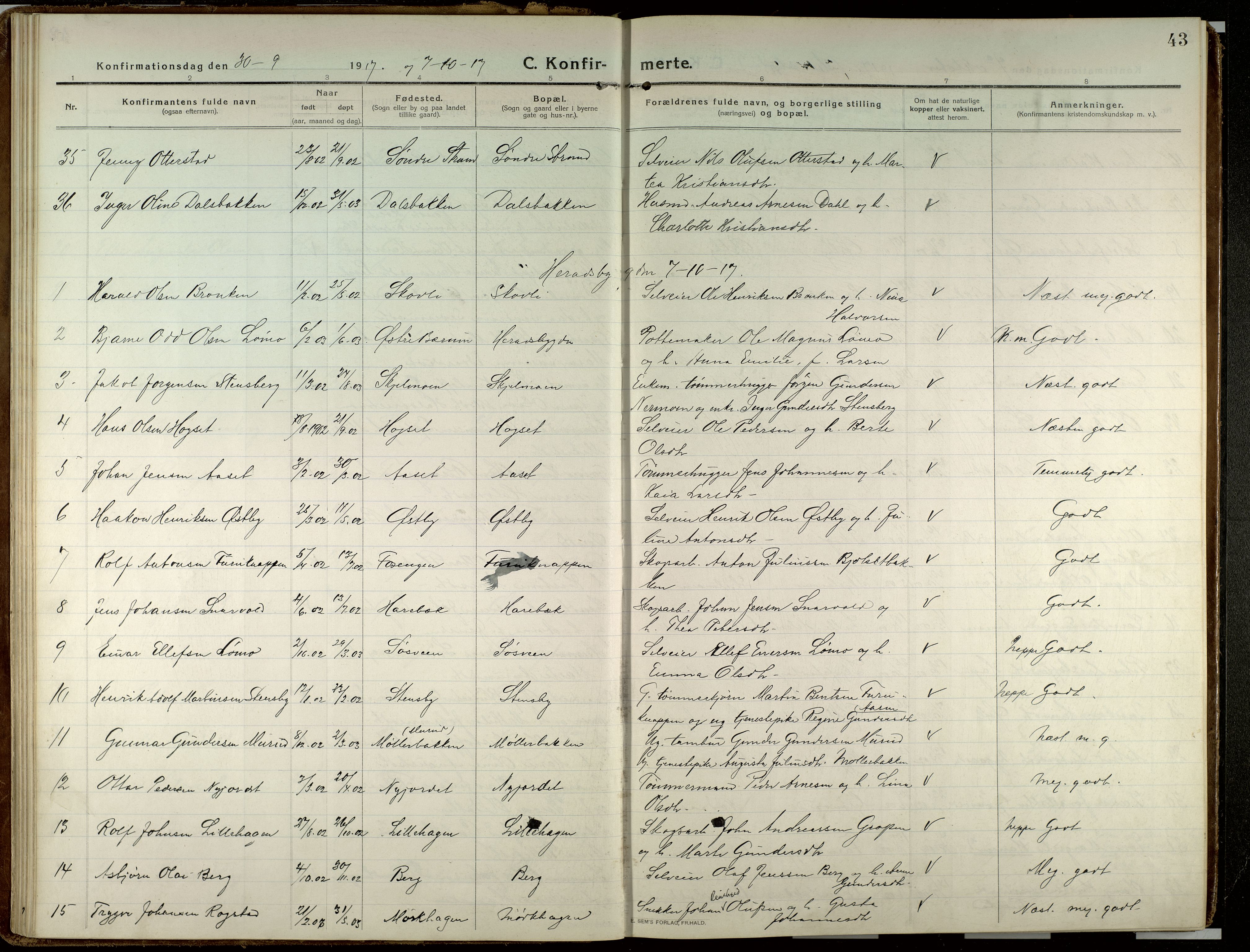 Elverum prestekontor, AV/SAH-PREST-044/H/Ha/Haa/L0023: Parish register (official) no. 23, 1914-1929, p. 43