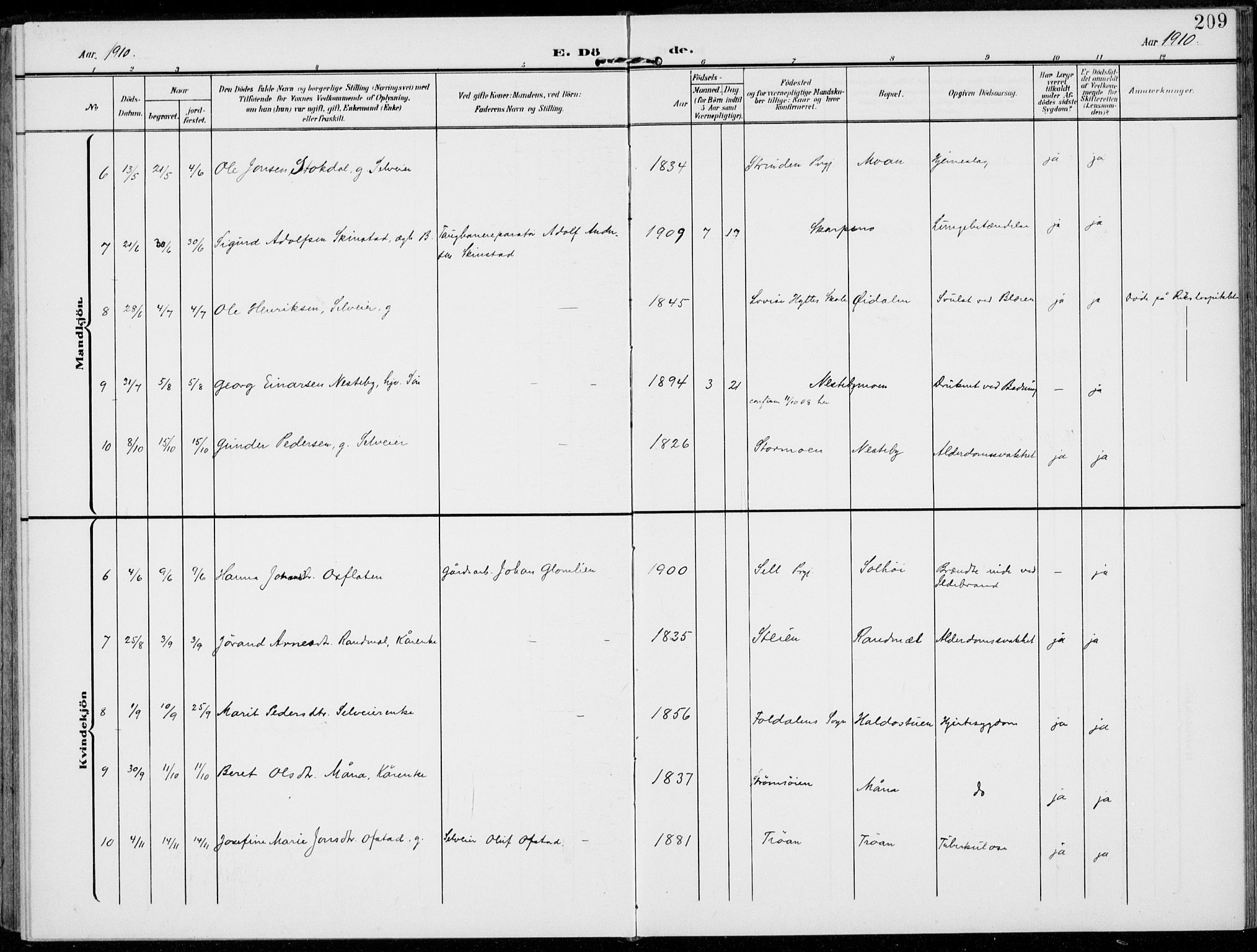 Alvdal prestekontor, AV/SAH-PREST-060/H/Ha/Haa/L0004: Parish register (official) no. 4, 1907-1919, p. 209