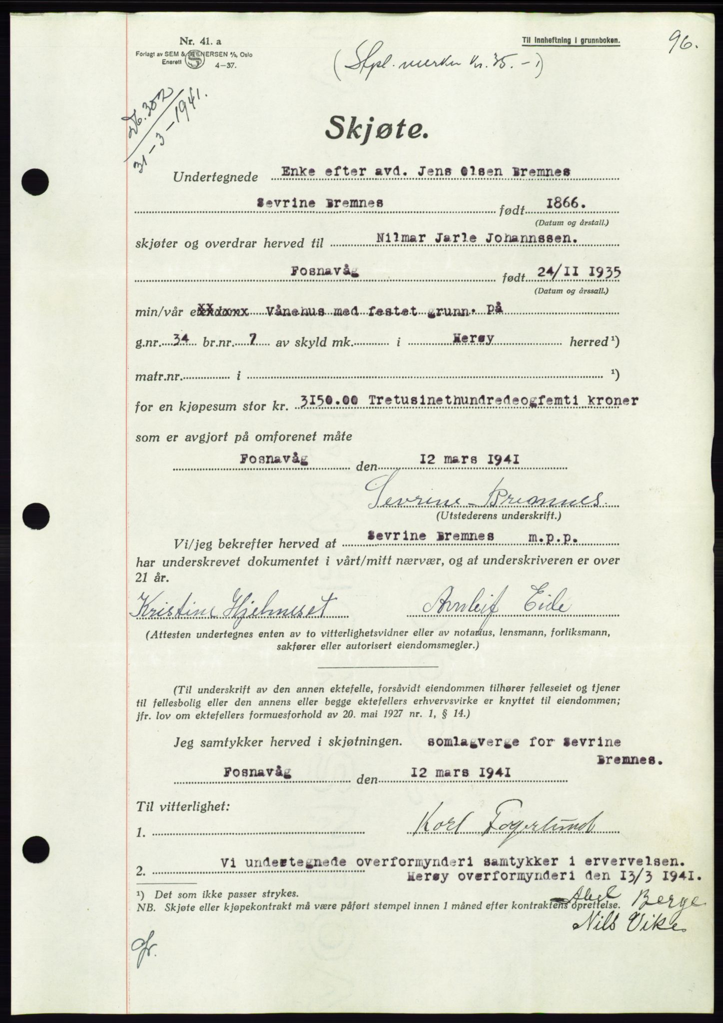 Søre Sunnmøre sorenskriveri, AV/SAT-A-4122/1/2/2C/L0071: Mortgage book no. 65, 1941-1941, Diary no: : 302/1941