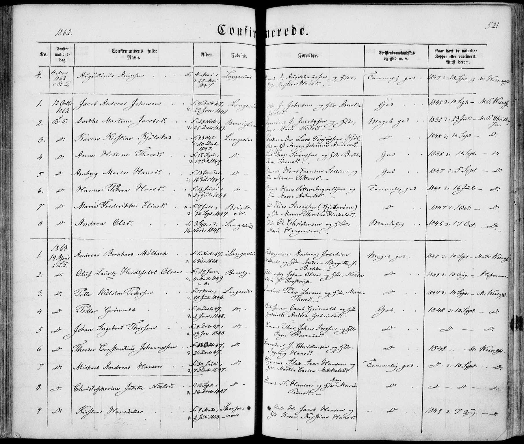 Bamble kirkebøker, AV/SAKO-A-253/F/Fa/L0005: Parish register (official) no. I 5, 1854-1869, p. 521