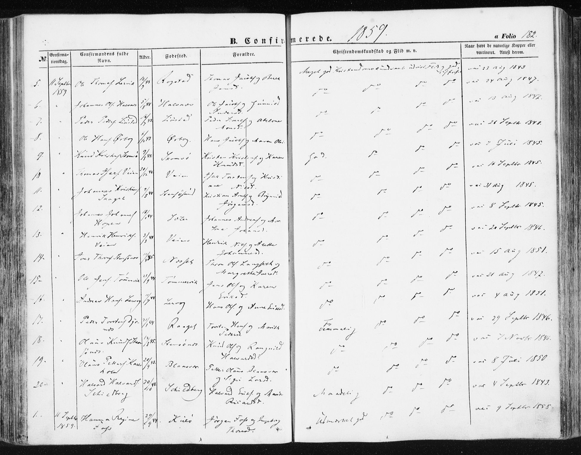 Ministerialprotokoller, klokkerbøker og fødselsregistre - Møre og Romsdal, AV/SAT-A-1454/581/L0937: Parish register (official) no. 581A05, 1853-1872, p. 182