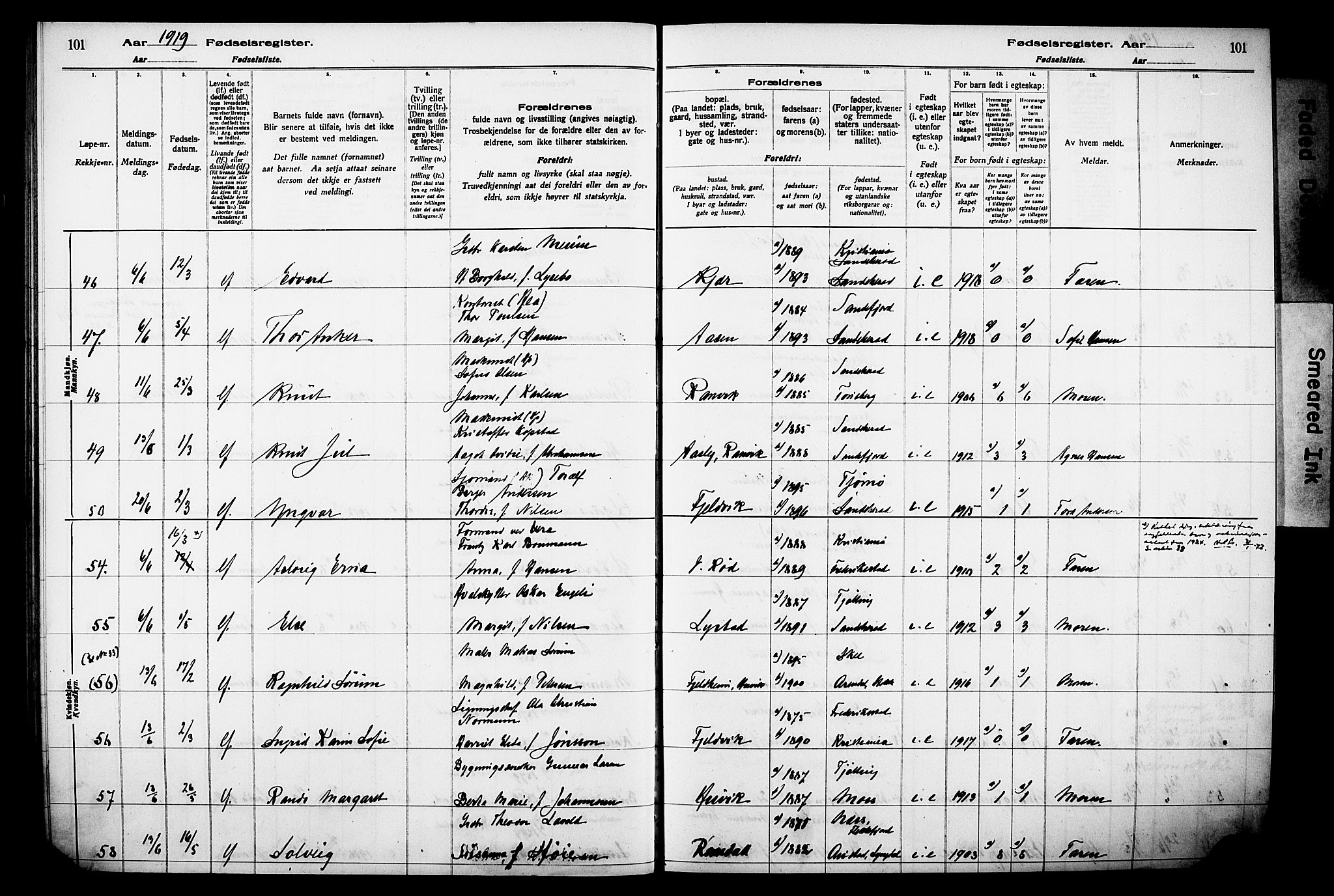 Sandar kirkebøker, AV/SAKO-A-243/J/Ja/L0001: Birth register no. 1, 1916-1922, p. 101