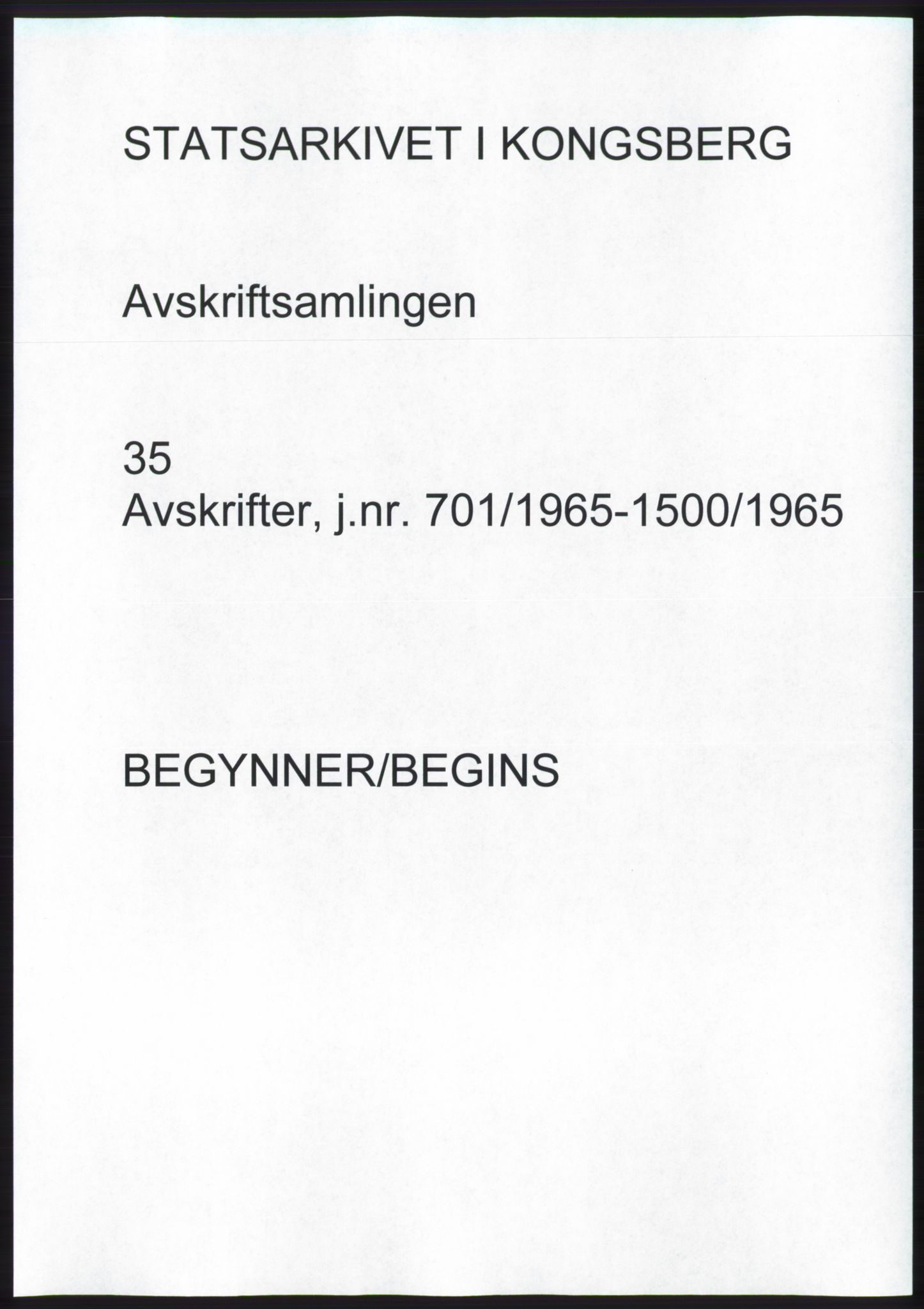 Statsarkivet i Kongsberg, AV/SAKO-A-0001, 1965, p. 1