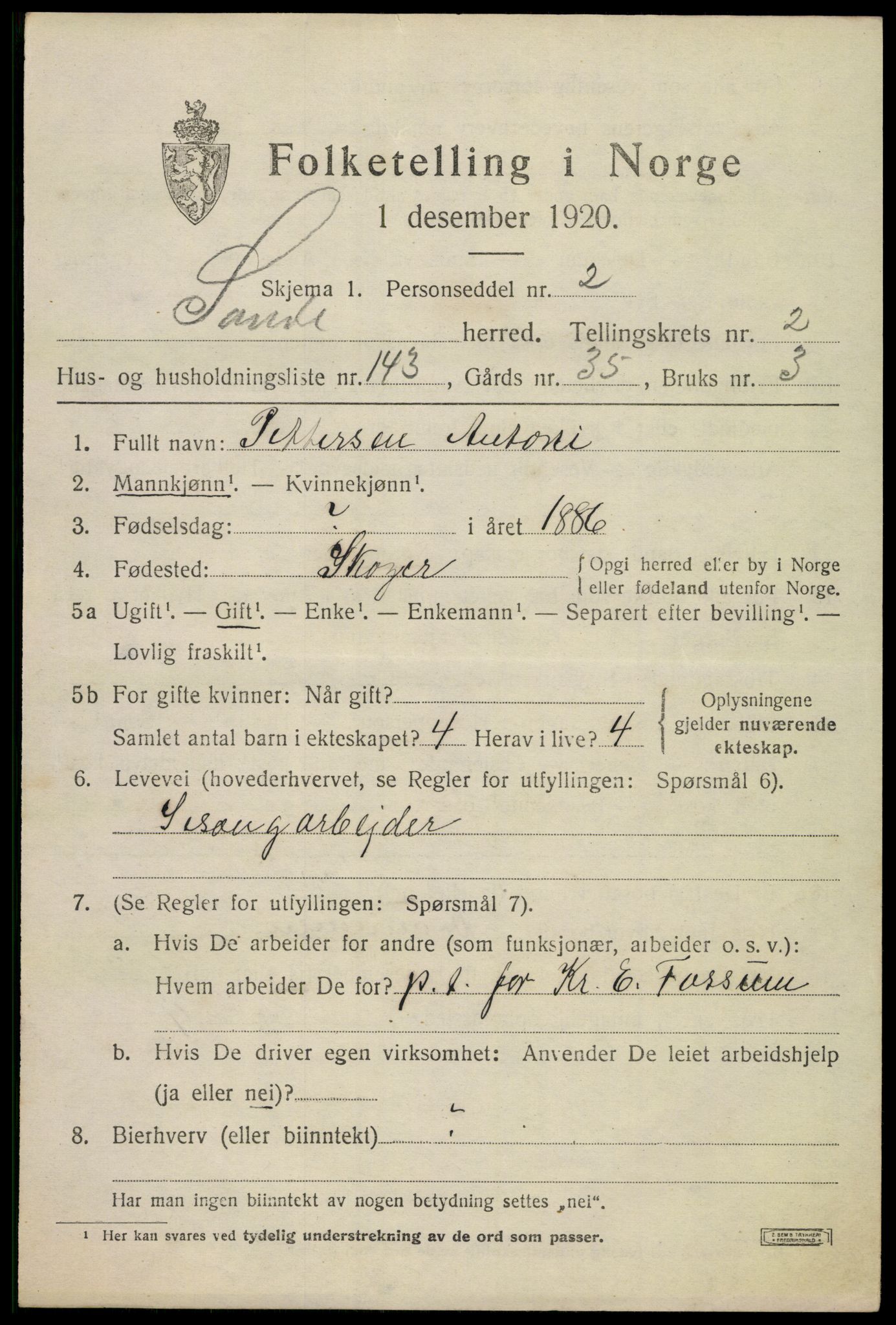 SAKO, 1920 census for Sande, 1920, p. 4048