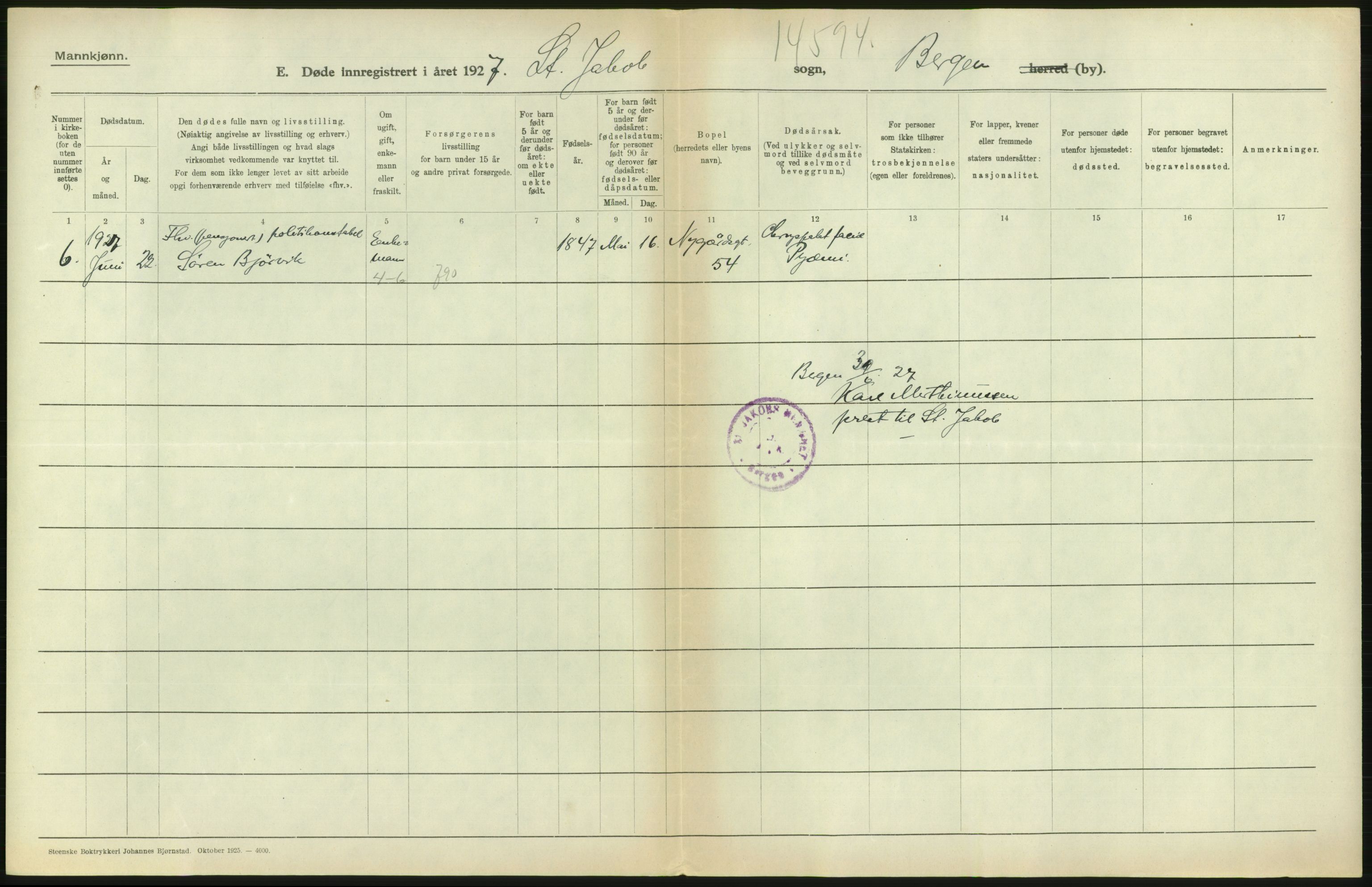 Statistisk sentralbyrå, Sosiodemografiske emner, Befolkning, AV/RA-S-2228/D/Df/Dfc/Dfcg/L0028: Bergen: Gifte, døde., 1927, p. 640